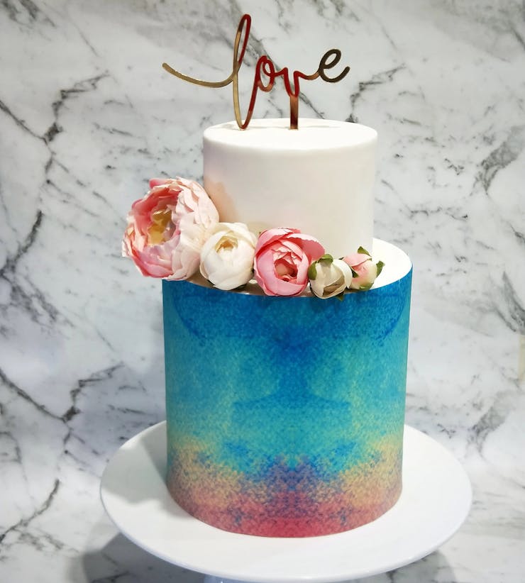 watercolor engagement cake design