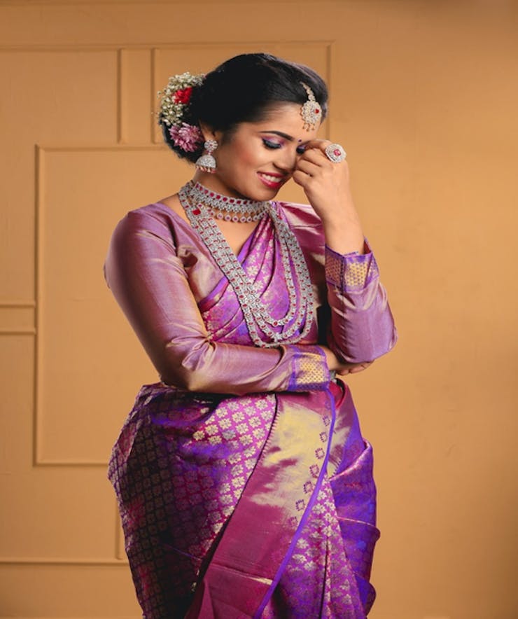 10. Purple Silk Saree Bengali Wedding Dress: