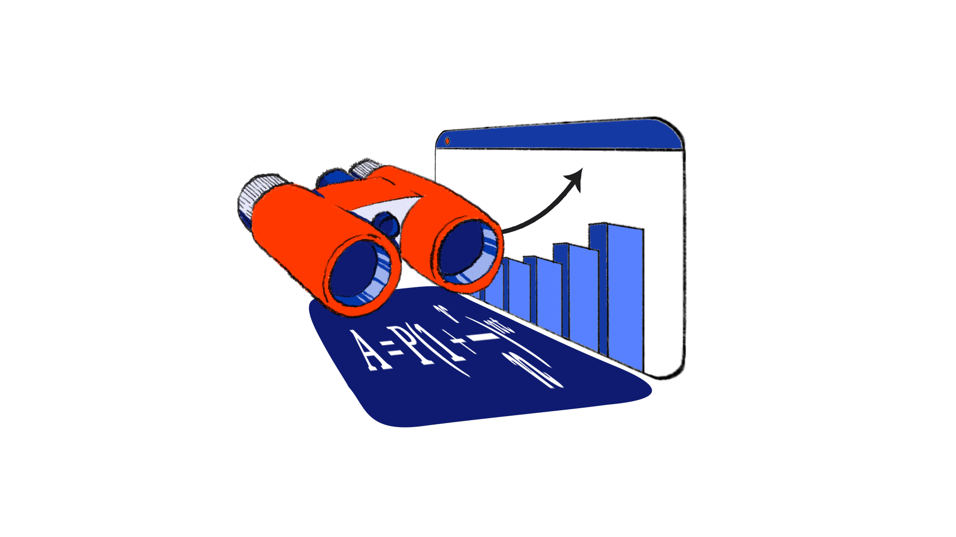 Image of binoculars, compounding interest formula, and slowly increasing bar graph