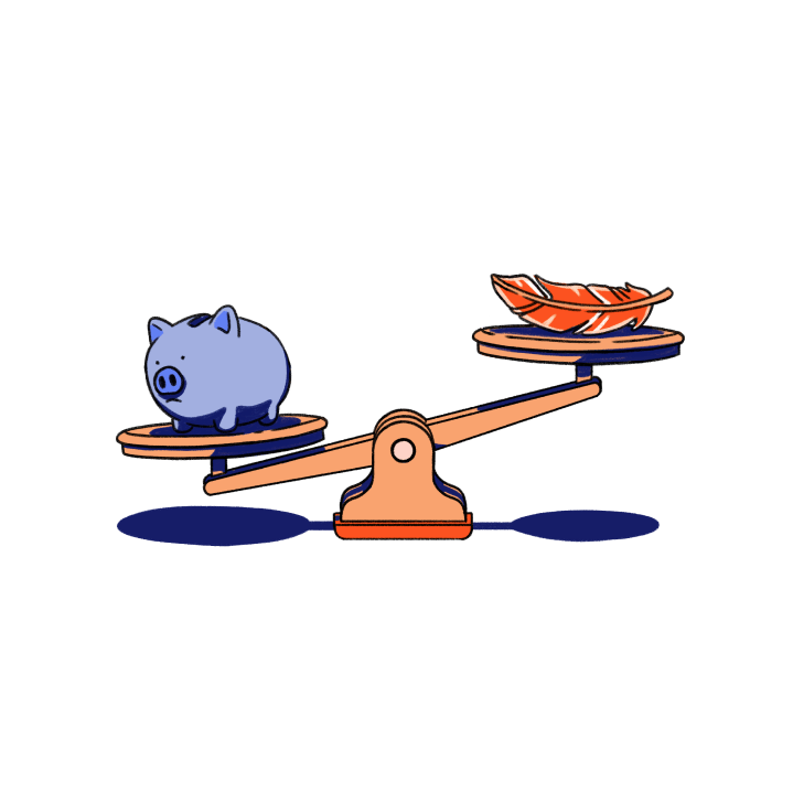 A scale weighing a piggy bank and a feather