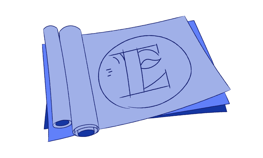 illustration of a blueprint map curling up on the edges with the Everly logo