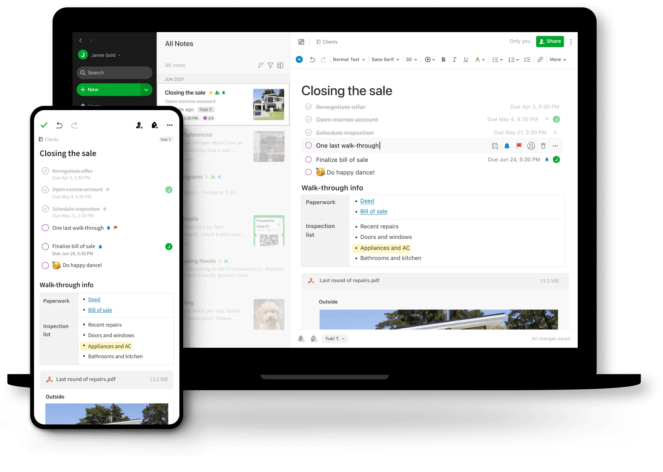 Evernote UI on desktop and mobile