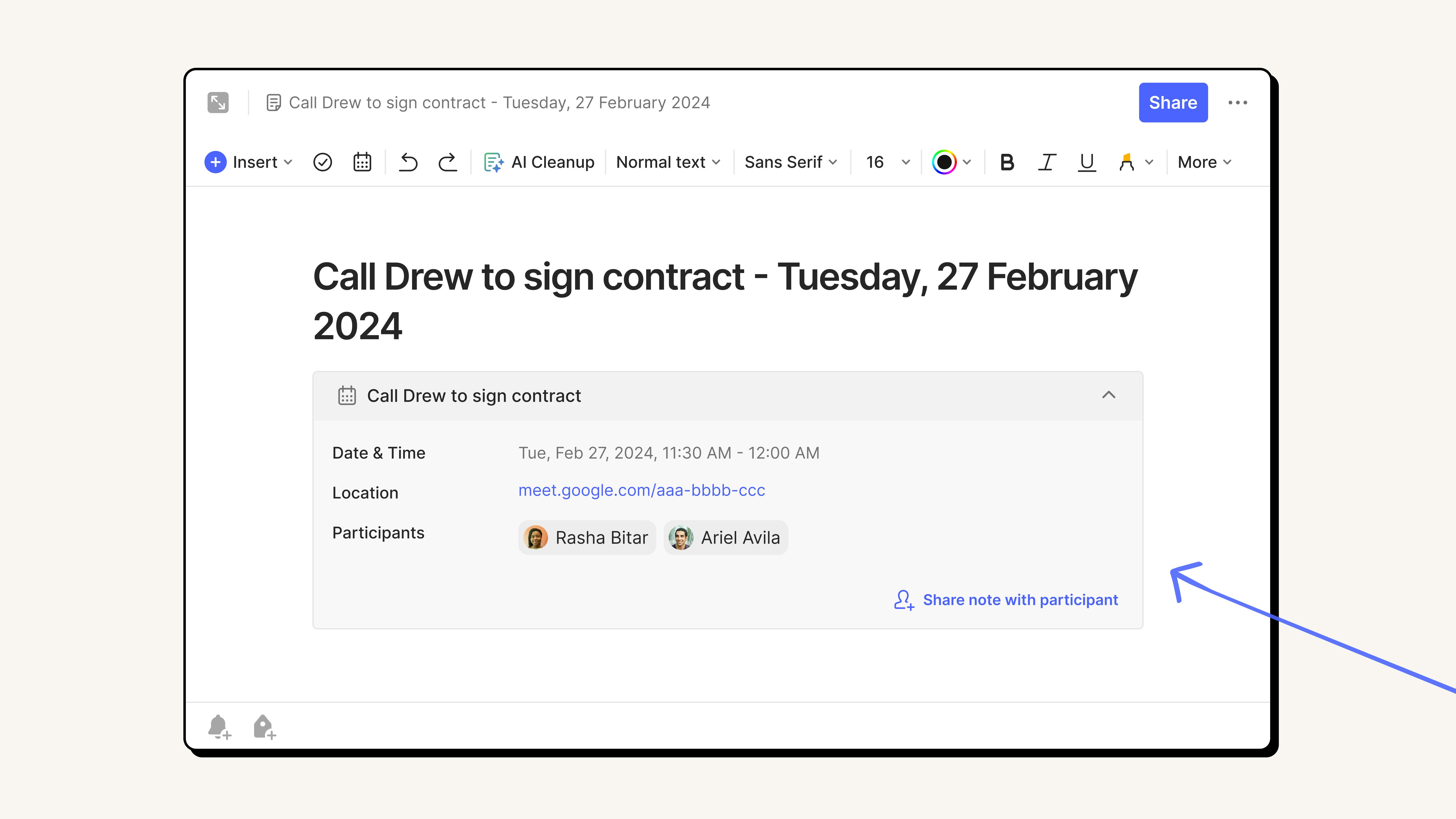 Microsoft Outlook Calendar - Event linked in note