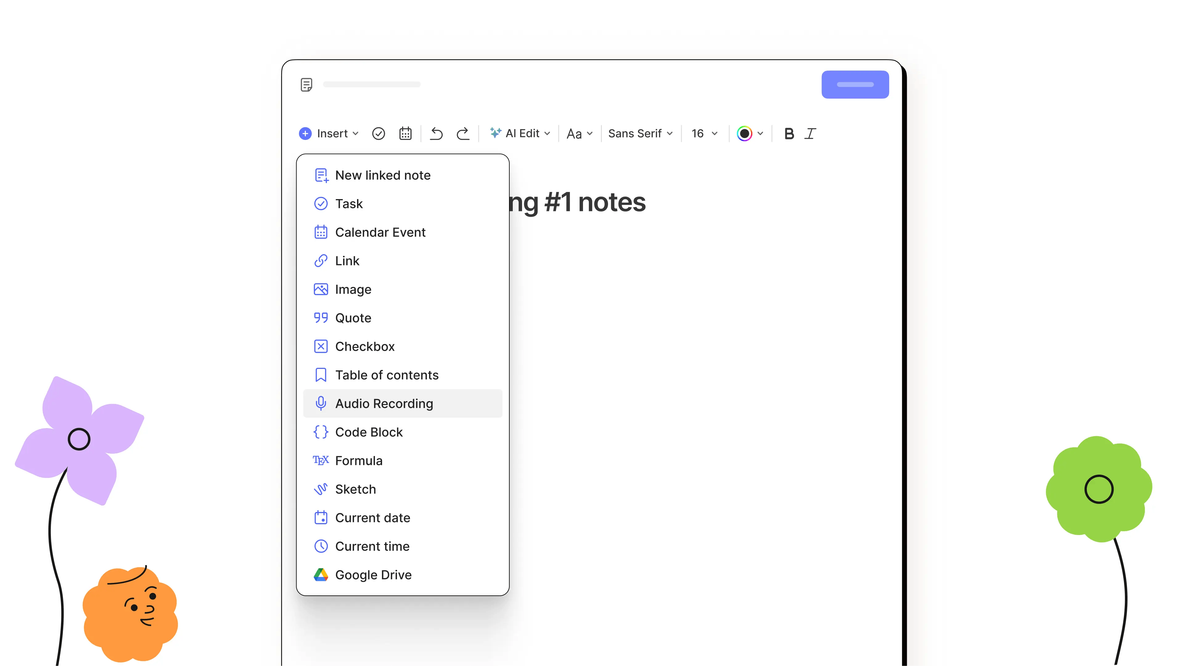 Record an audio file directly in the Evernote app by clicking on the "Insert" dropdown menu and selecting "Audio Recording."