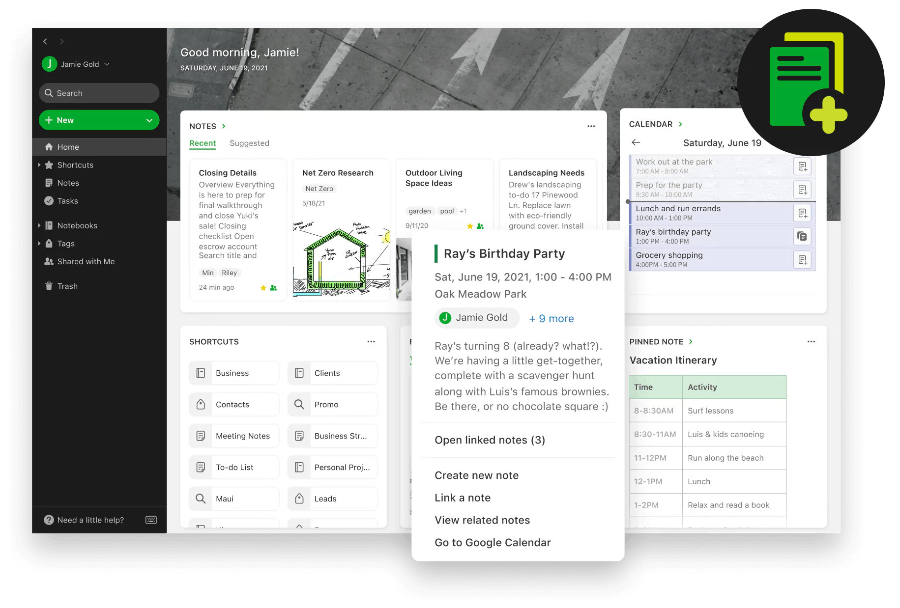 Calendar in Evernote Home integration