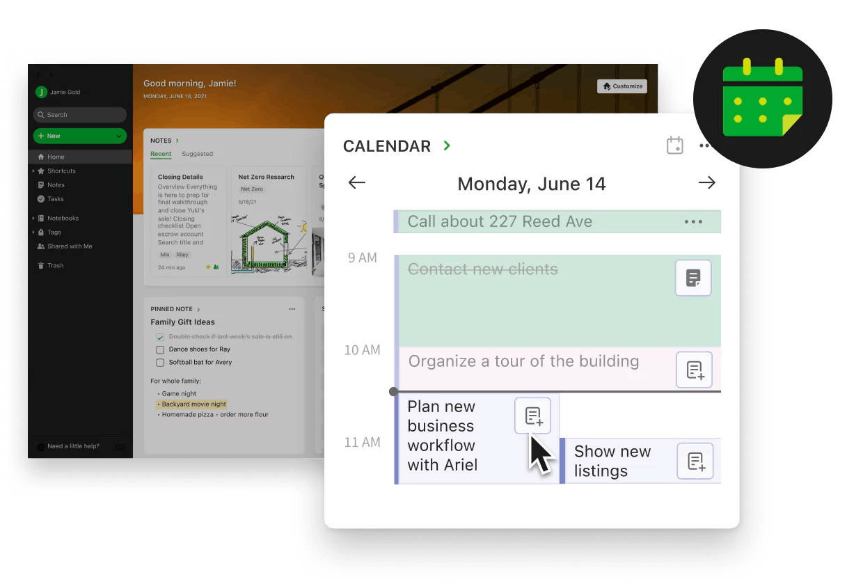 Calendar integration in Evernote Home