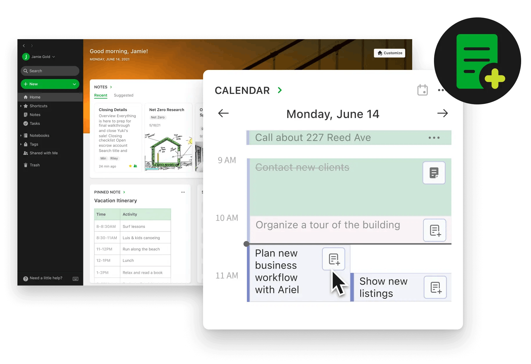 Evernote calendar integration UI