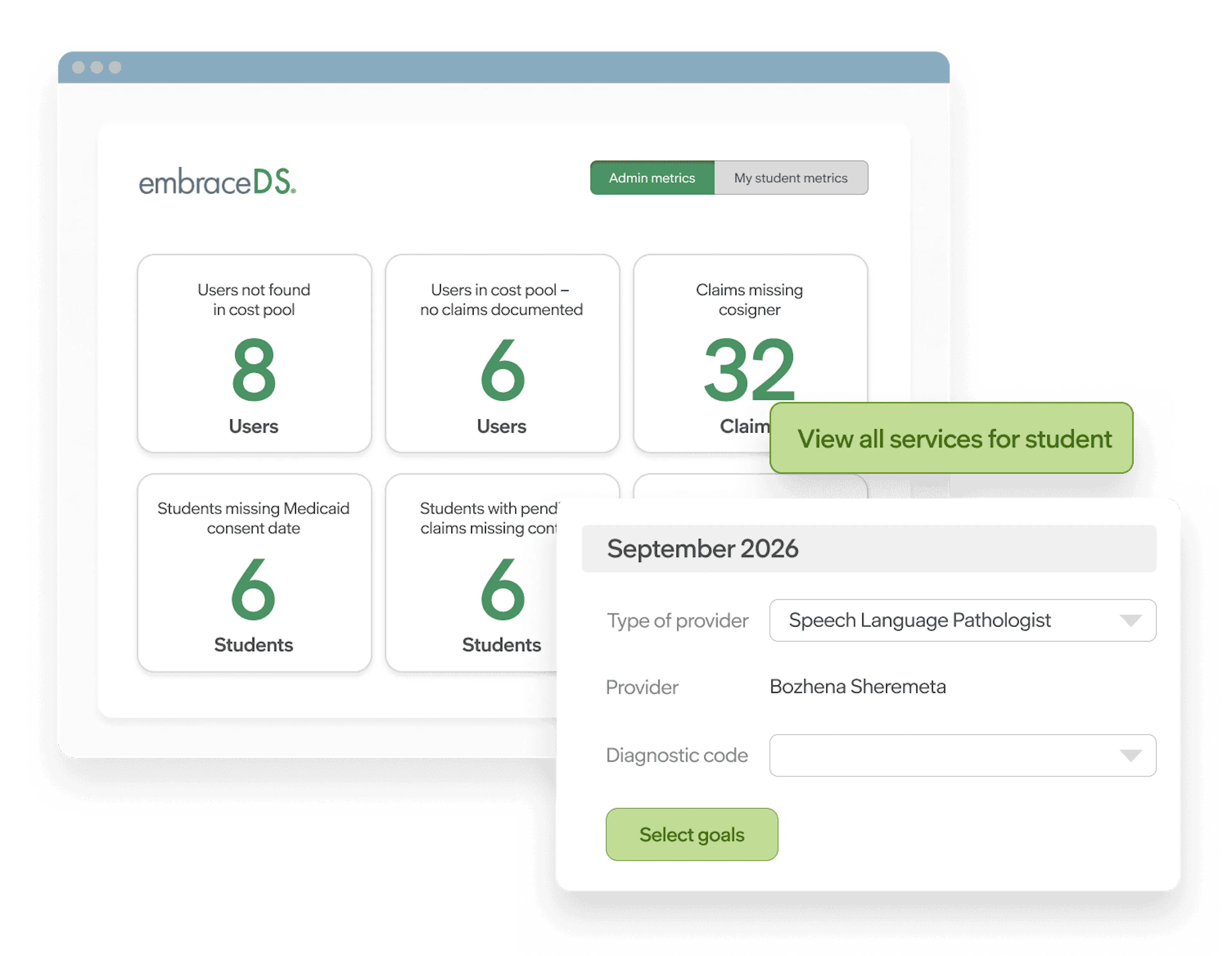 EmbraceDS admin dashboard showing Medicaid service metrics and a student service form for selecting providers, codes, and goals.