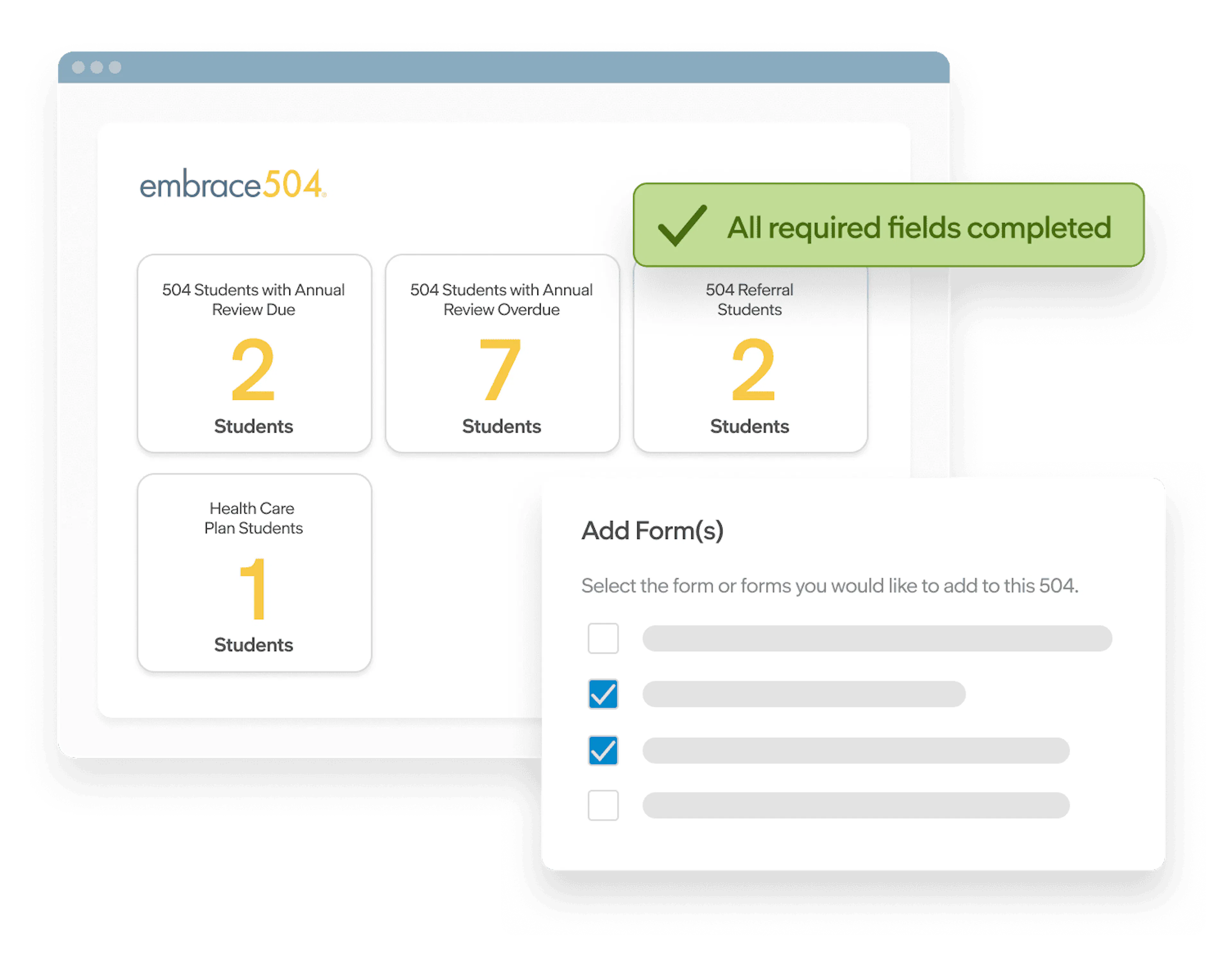 Embrace504 dashboard showing student compliance metrics, form selection, and confirmation that all required fields are complete.