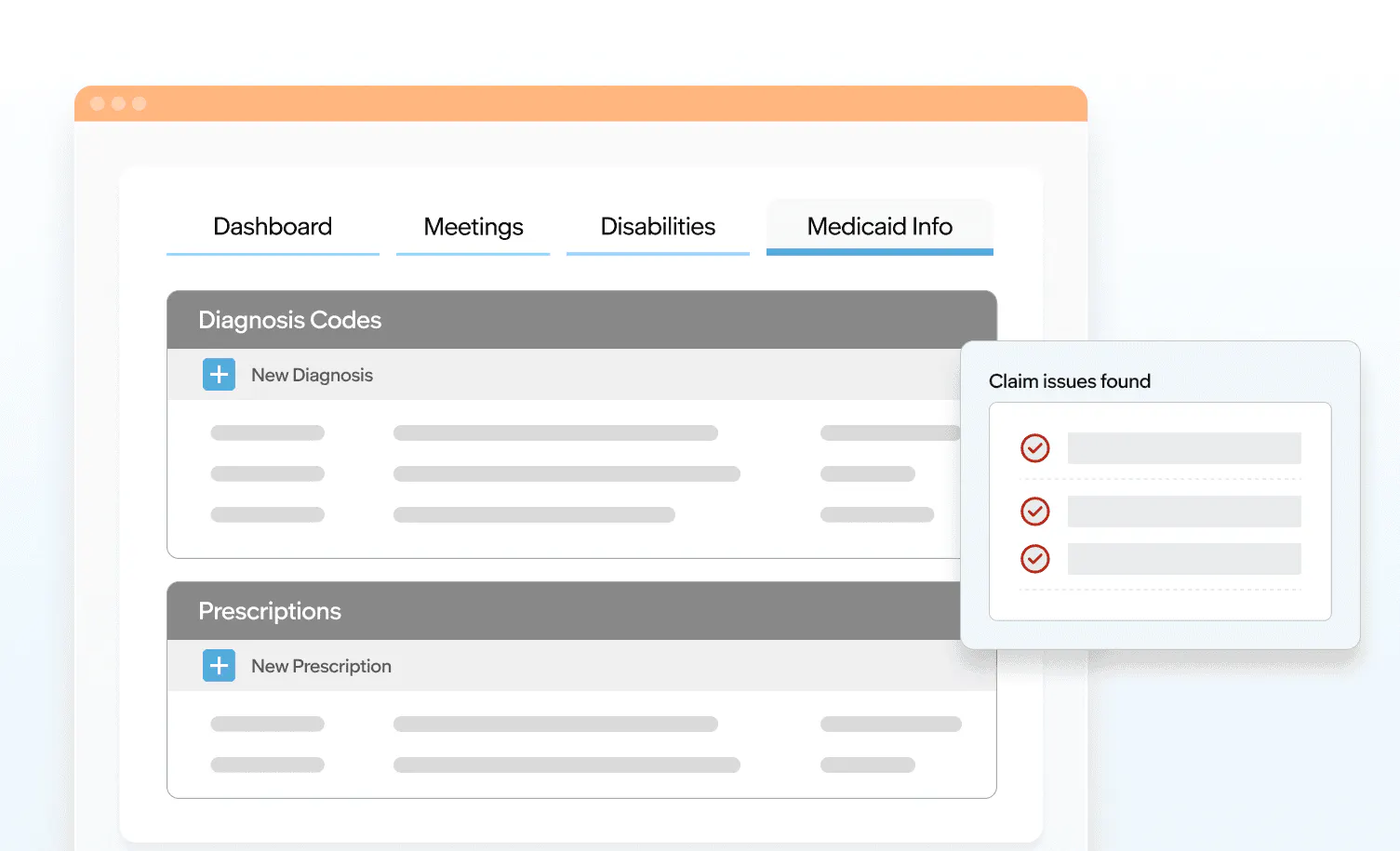 Medicaid billing interface showing diagnosis codes, prescriptions, claim lines, and claim issue alerts to identify billing errors.