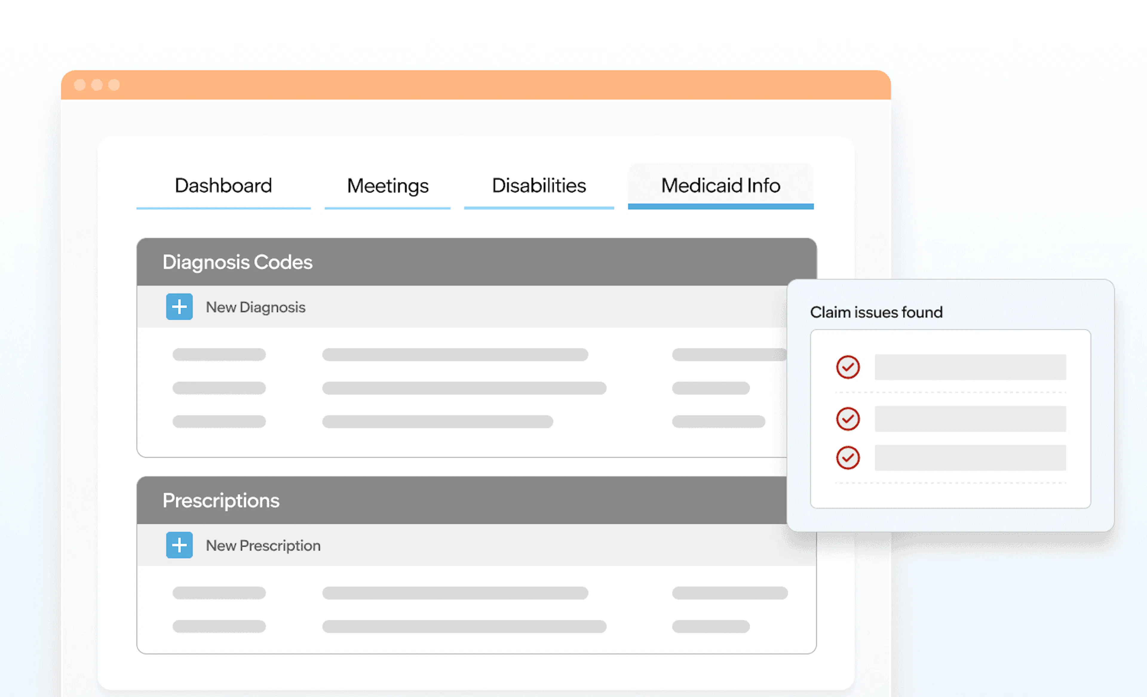 Medicaid billing interface showing diagnosis codes, prescriptions, claim lines, and claim issue alerts to identify billing errors.