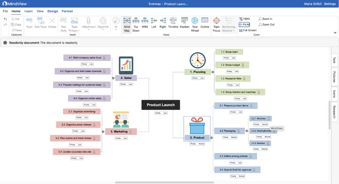 A view of the new MindView Online user interface
