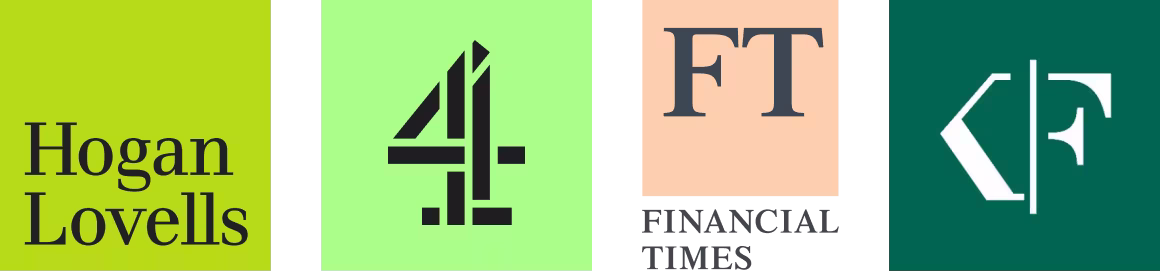 Logos for Hogan Lovells, Channel 4, Financial Times and Korn Ferry displayed side by side.