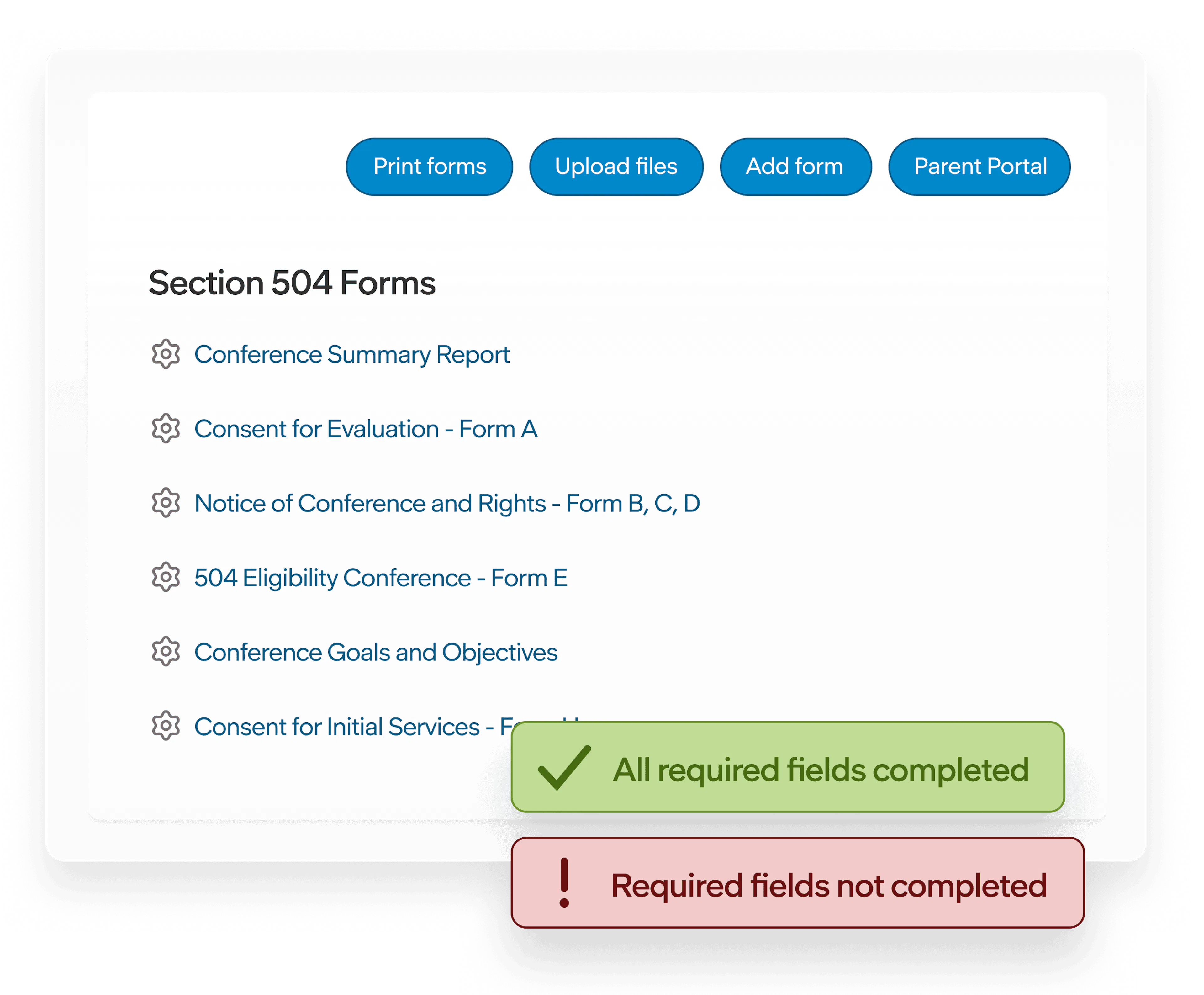 Section 504 forms dashboard showing form management options and compliance alerts indicating whether required fields are complete.