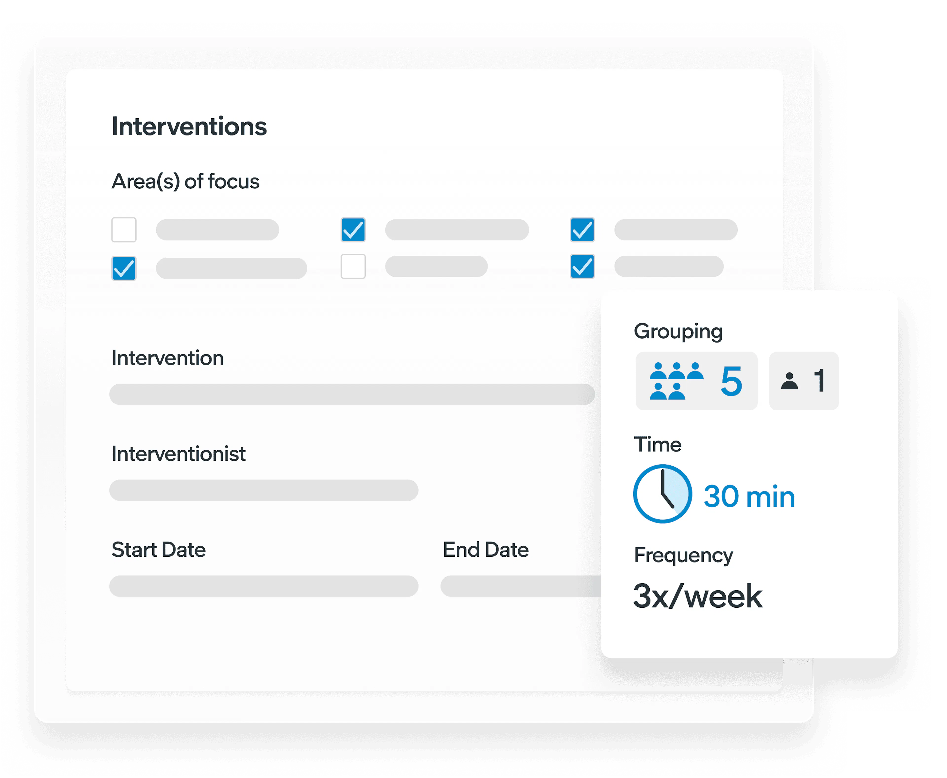 Intervention form showing focus areas, interventionist, dates, group size, and a schedule of 30 minutes three times per week.