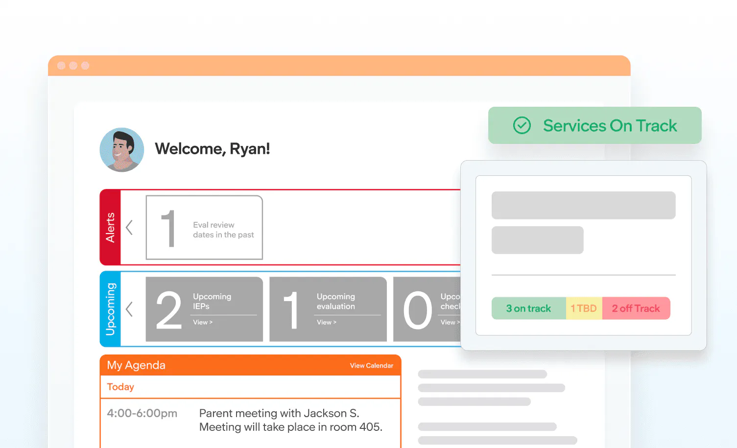 IEP management dashboard showing alerts, upcoming tasks, agenda items, and service status to help staff track student services.