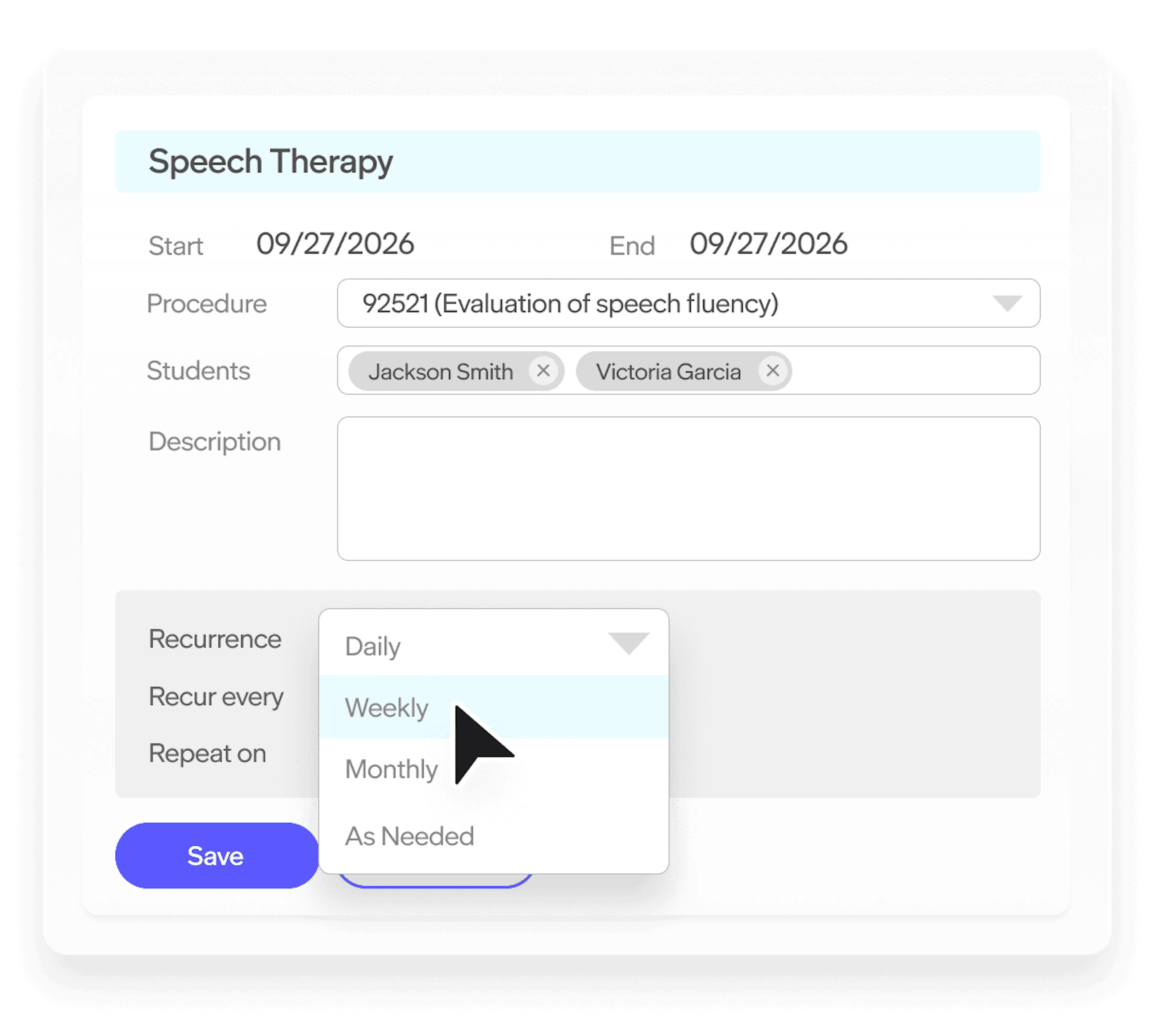 Speech therapy service form for two students, with procedure details and recurrence options including weekly scheduling.