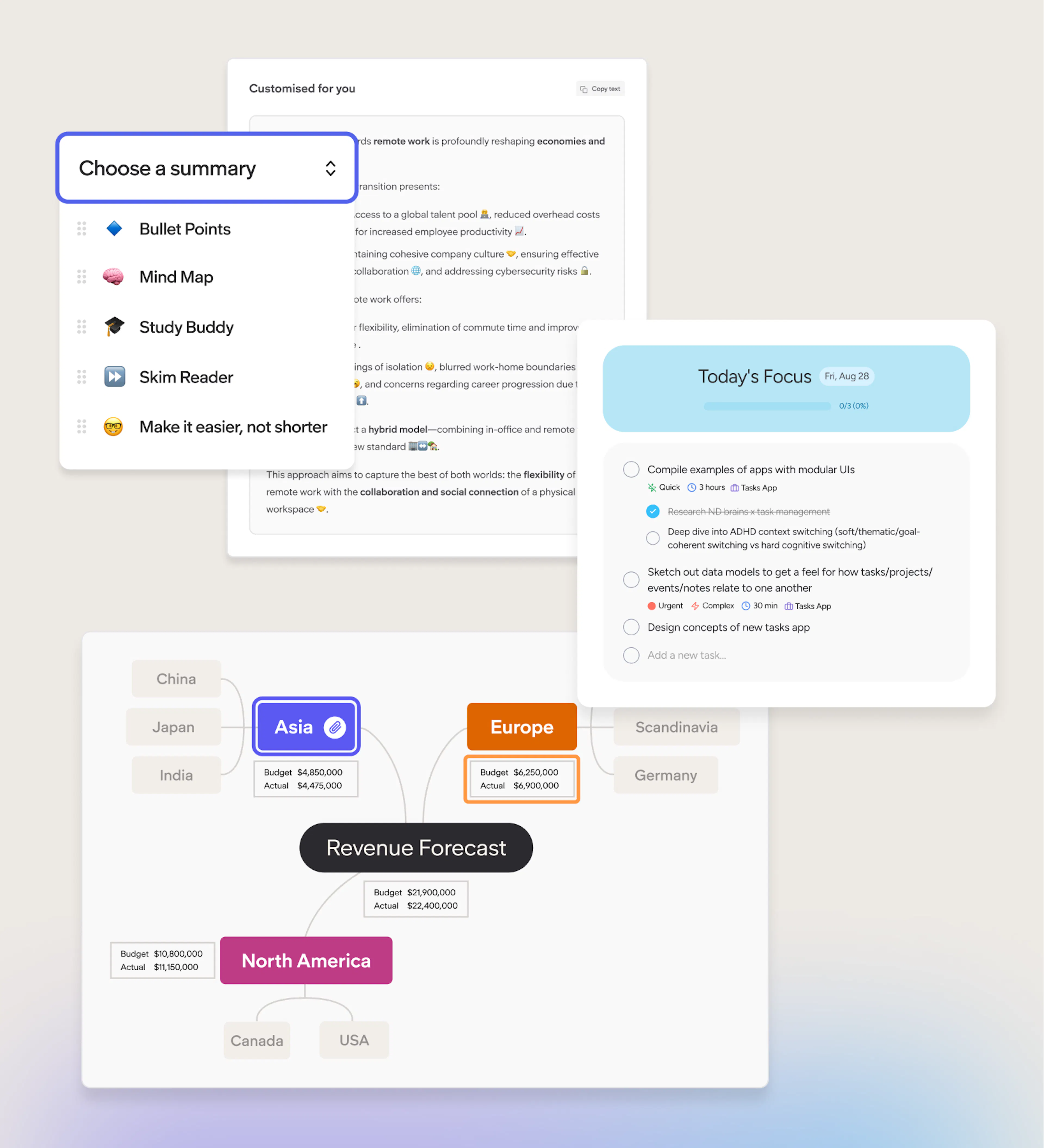 Product UI showing Summaries, Mind maps & Task breakdown