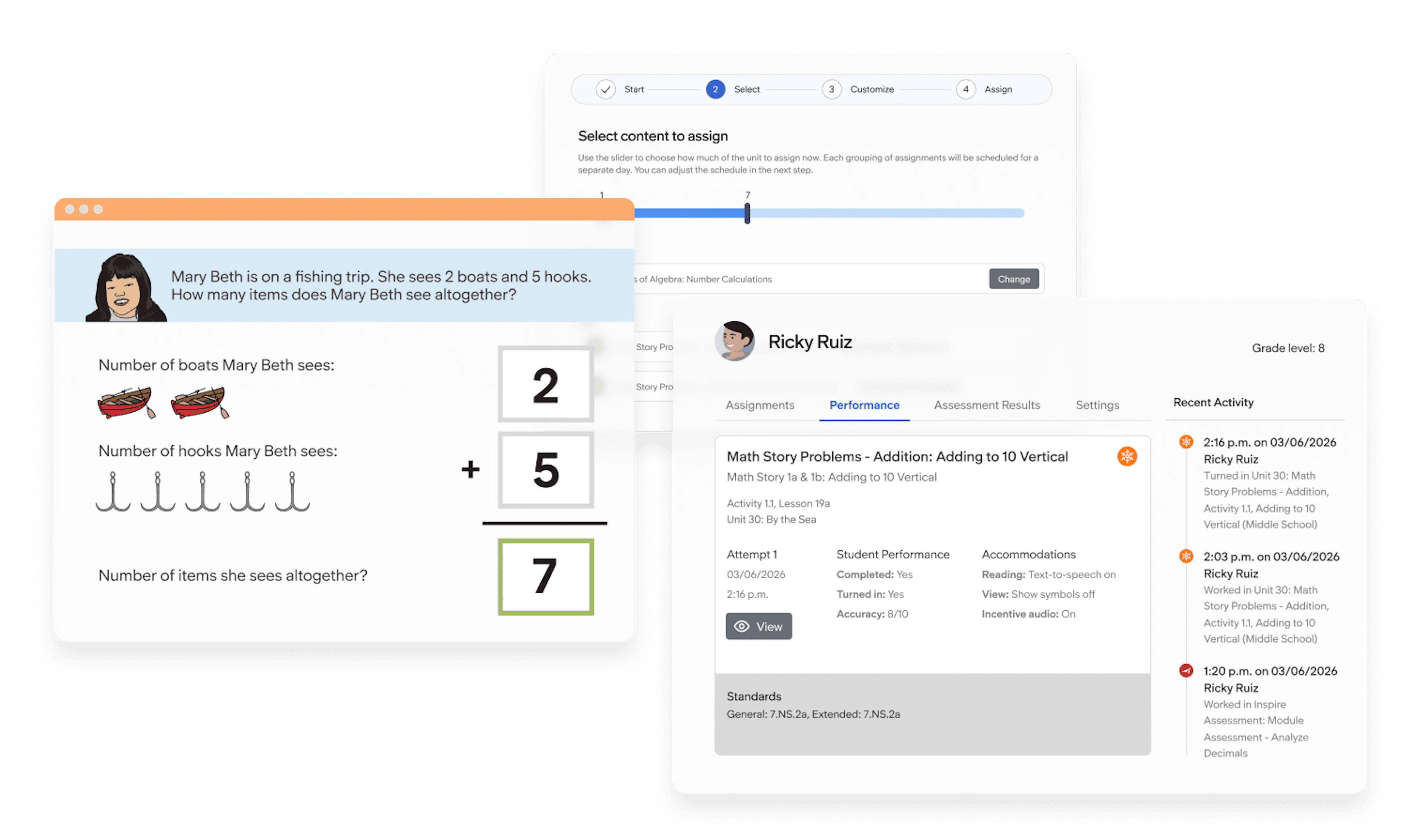Screens from ULS showing assignment setup, a visual math problem, and student performance tracking.