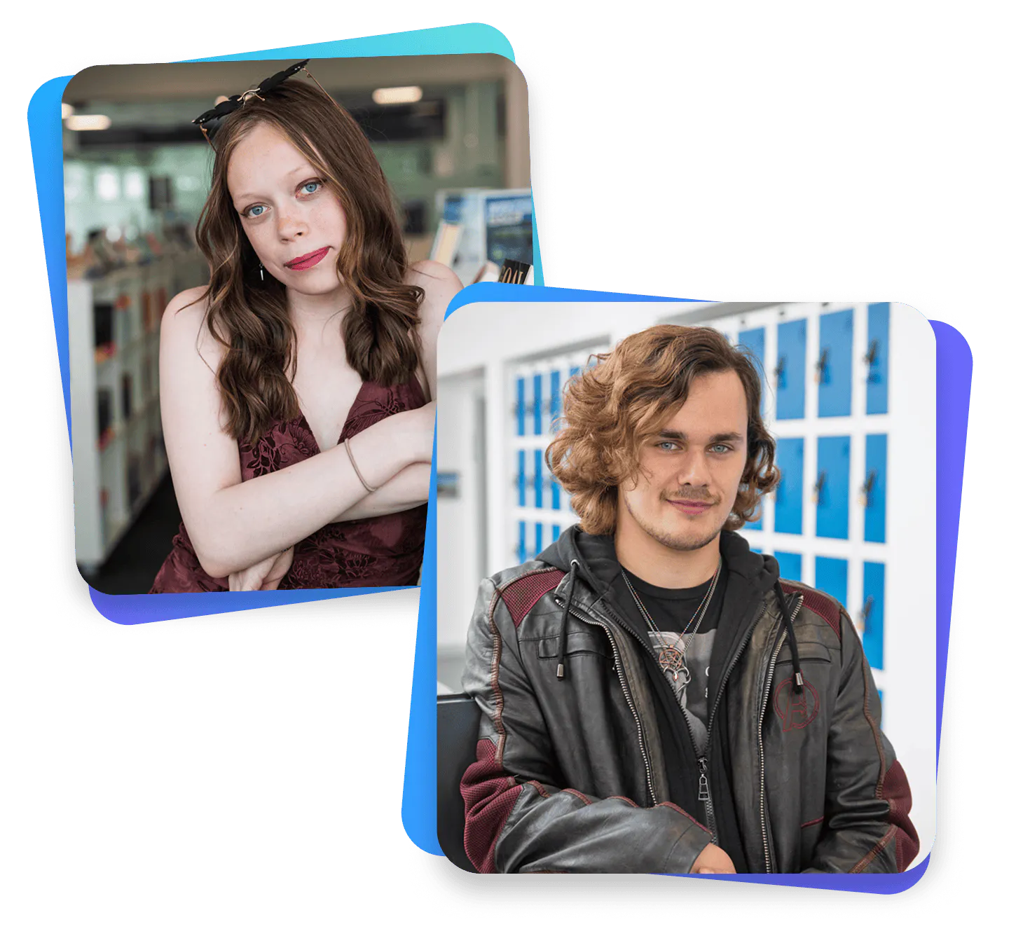 Two student portrait photos displayed side by side, showing young adults in a school setting to represent learner profiles or student identity.