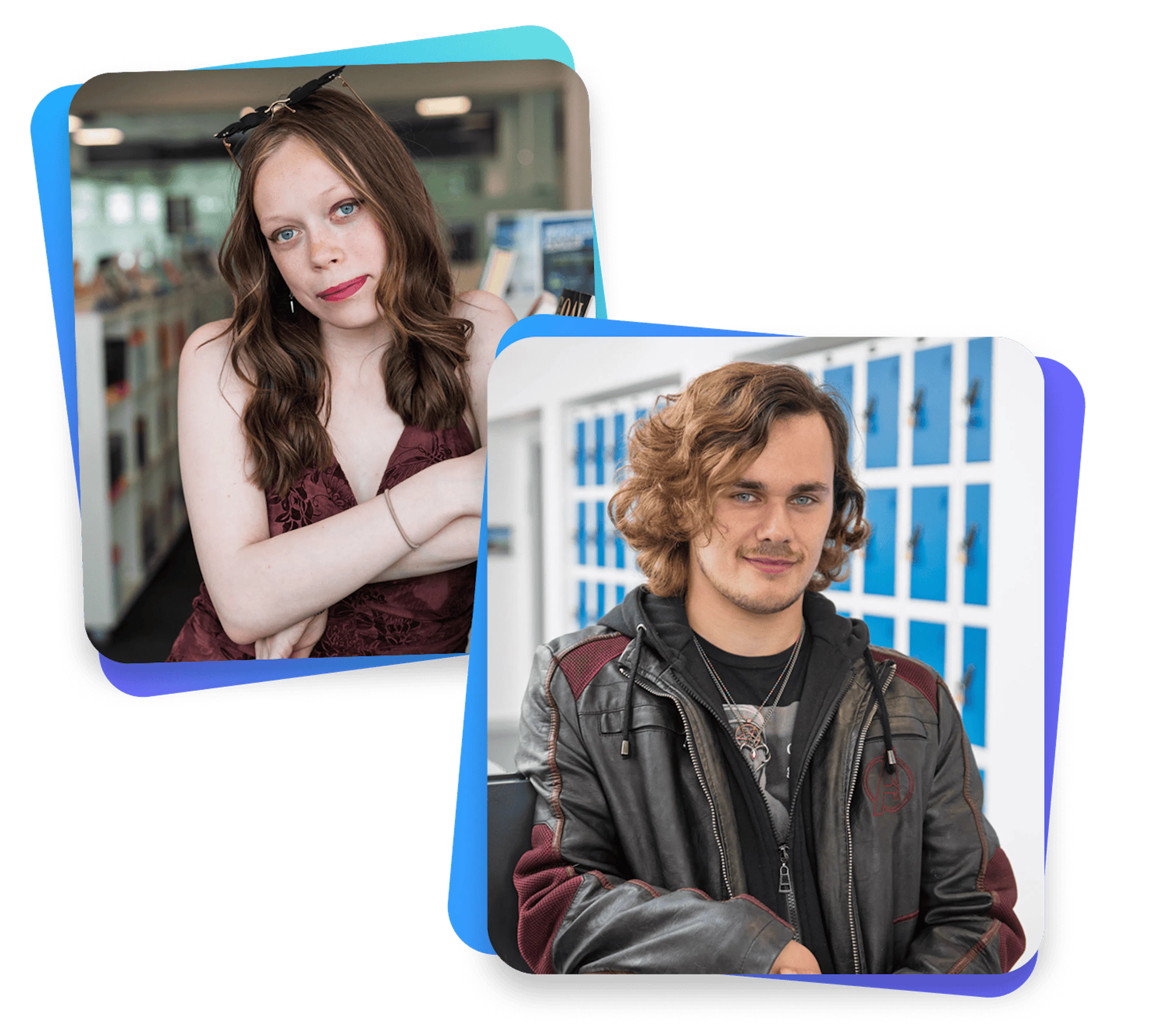 Two student portrait photos displayed side by side, showing young adults in a school setting to represent learner profiles or student identity.
