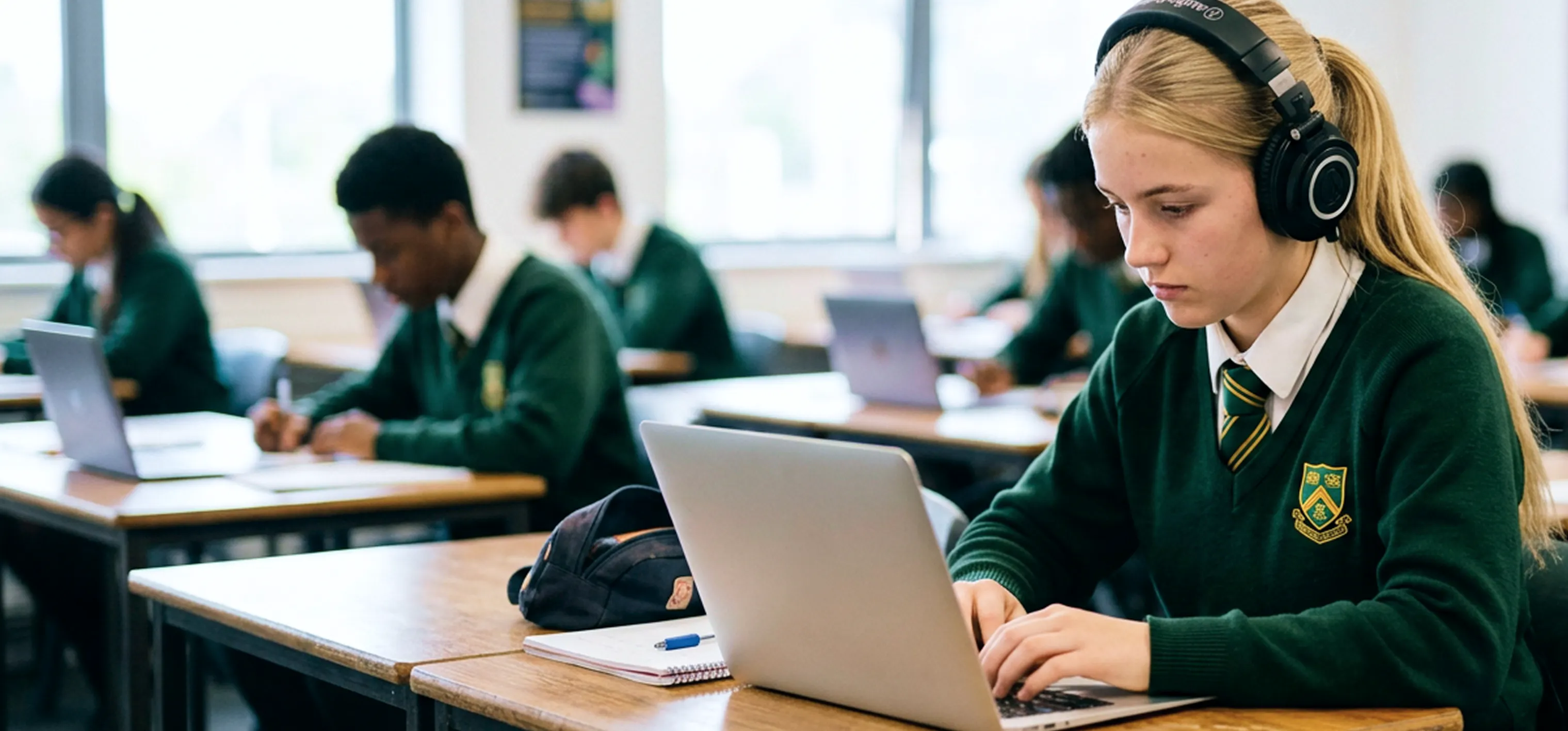 Students in a classroom using laptops to complete an exam.
