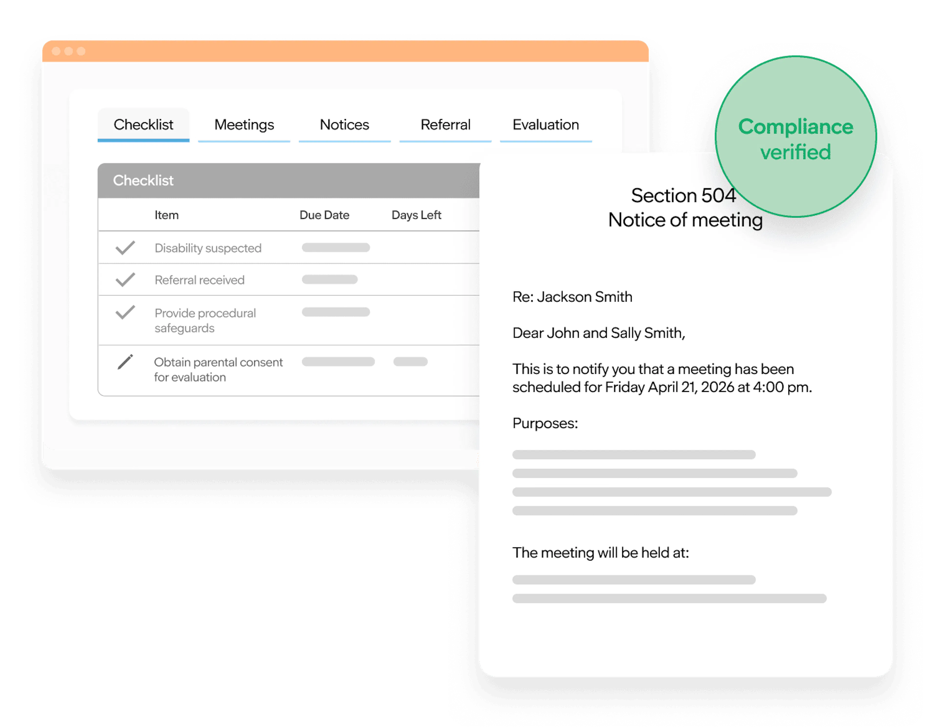 Section 504 dashboard checklist alongside a compliance-verified notice of meeting for a student and their parents.