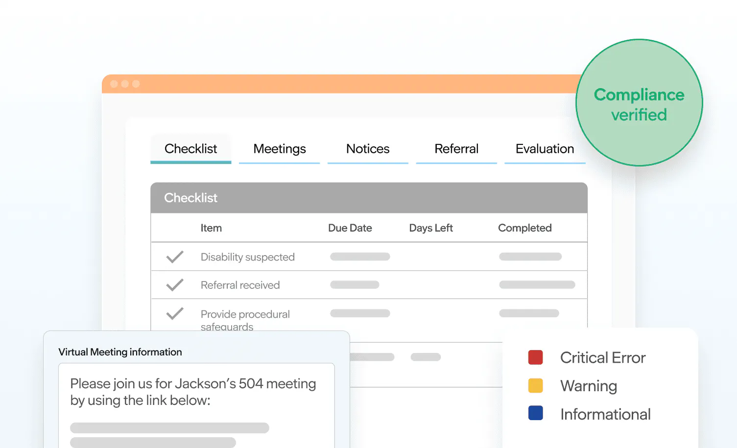 504 plan management dashboard showing a compliance-verified checklist, virtual meeting details, and color-coded error alerts.