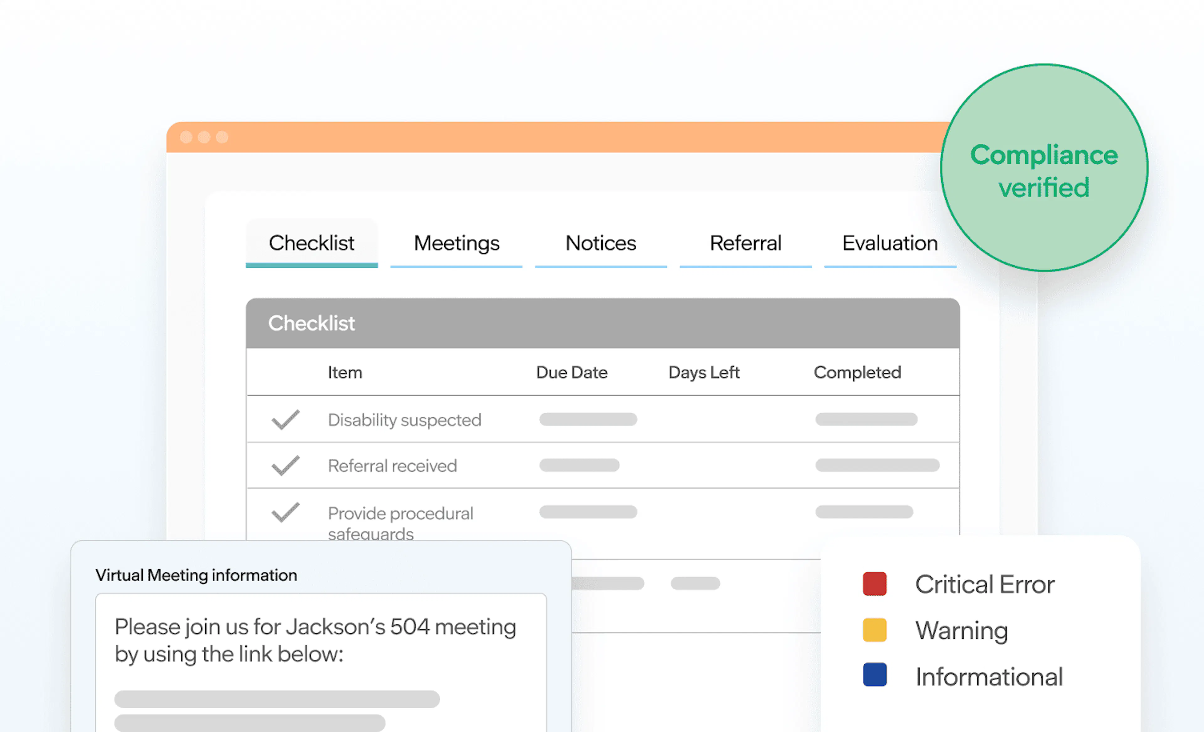 504 plan management dashboard showing a compliance-verified checklist, virtual meeting details, and color-coded error alerts.