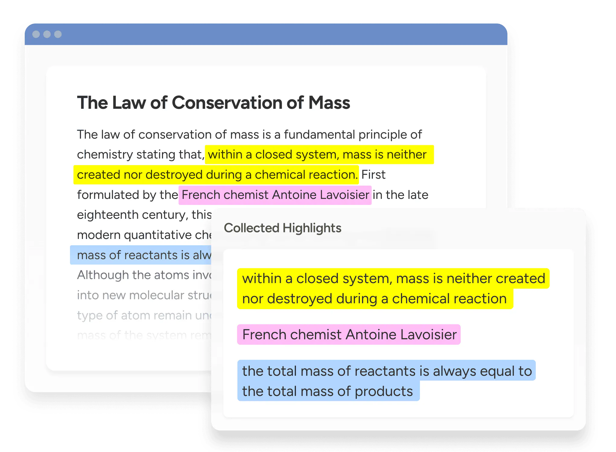 Educational page explaining the Law of Conservation of Mass with color-coded highlighted text and a panel collecting key highlights, including the principle that mass is neither created nor destroyed in a chemical reaction.
