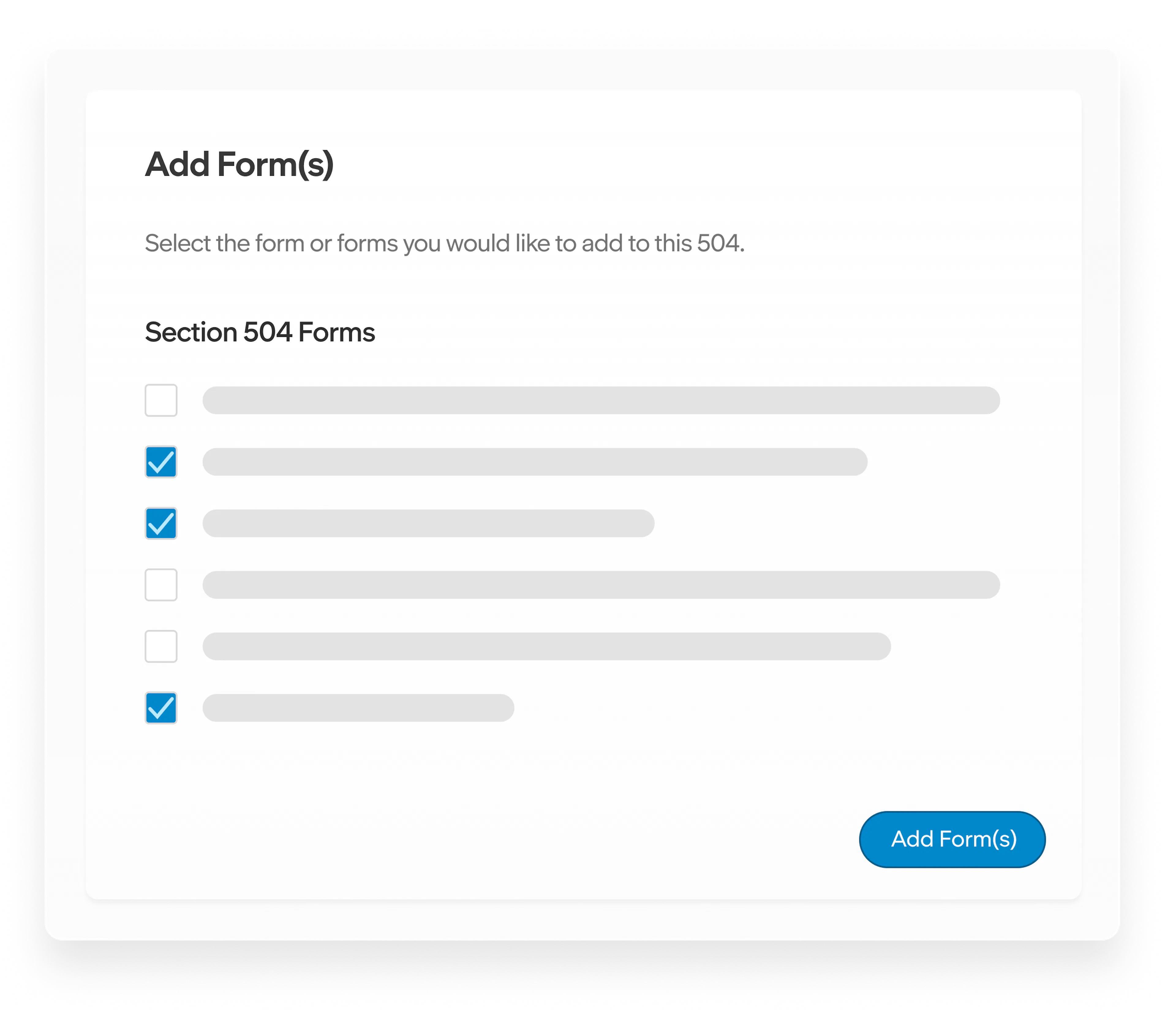 Section 504 form selection screen with six form options, three selected, and an “Add Form(s)” button.