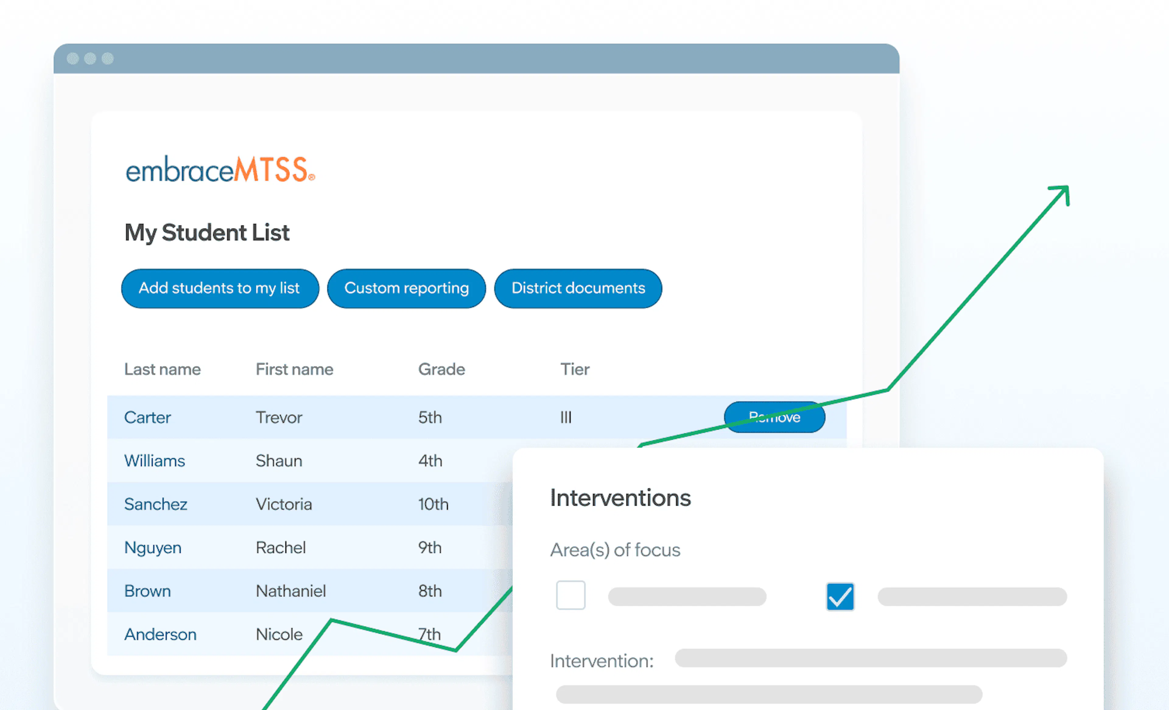 EmbraceMTSS student list and intervention tracking interface with an upward trend line representing student progress.