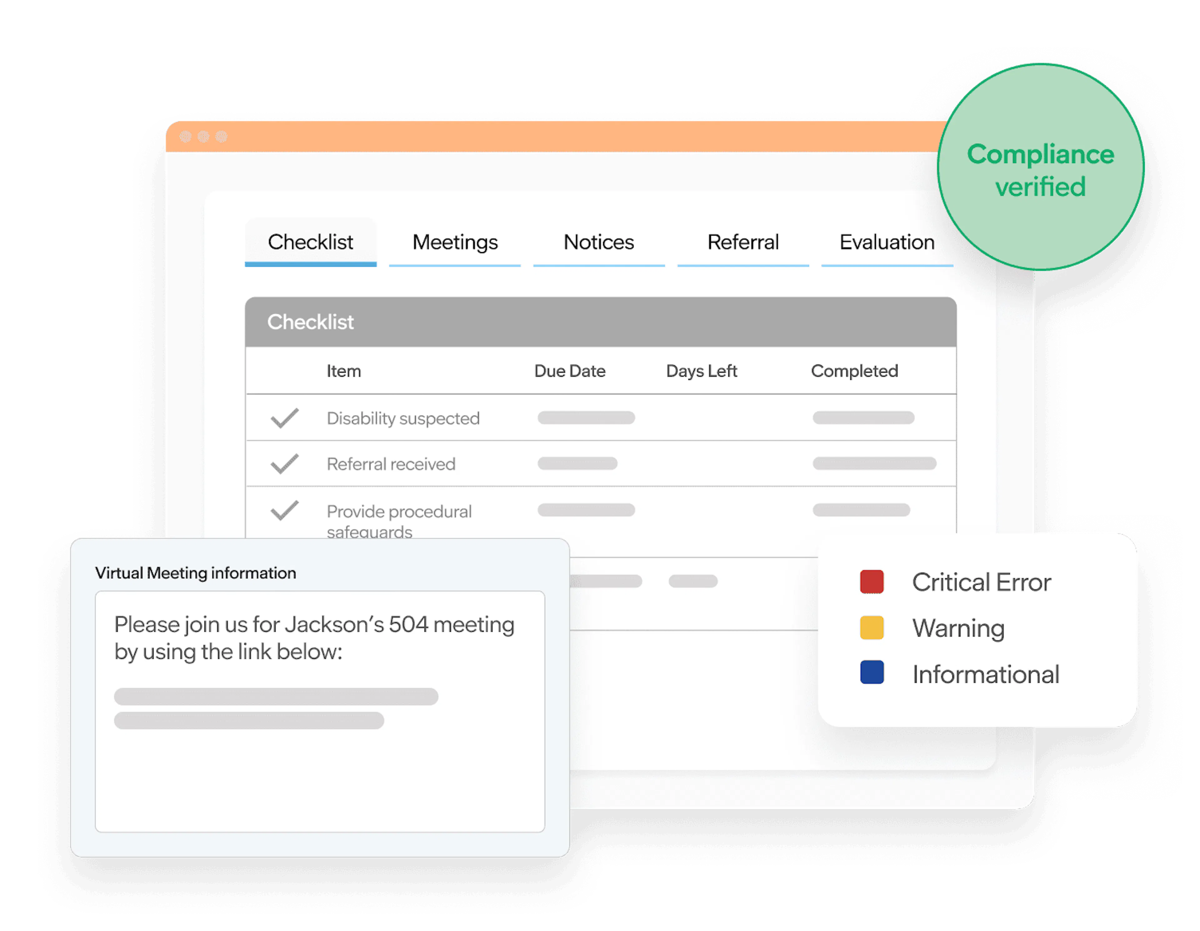 504 plan management dashboard showing a compliance-verified checklist, virtual meeting details, and color-coded error alerts.