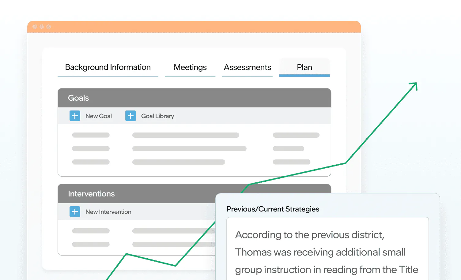 MTSS plan interface showing goals, interventions, prior strategies, and a progress line indicating student growth.