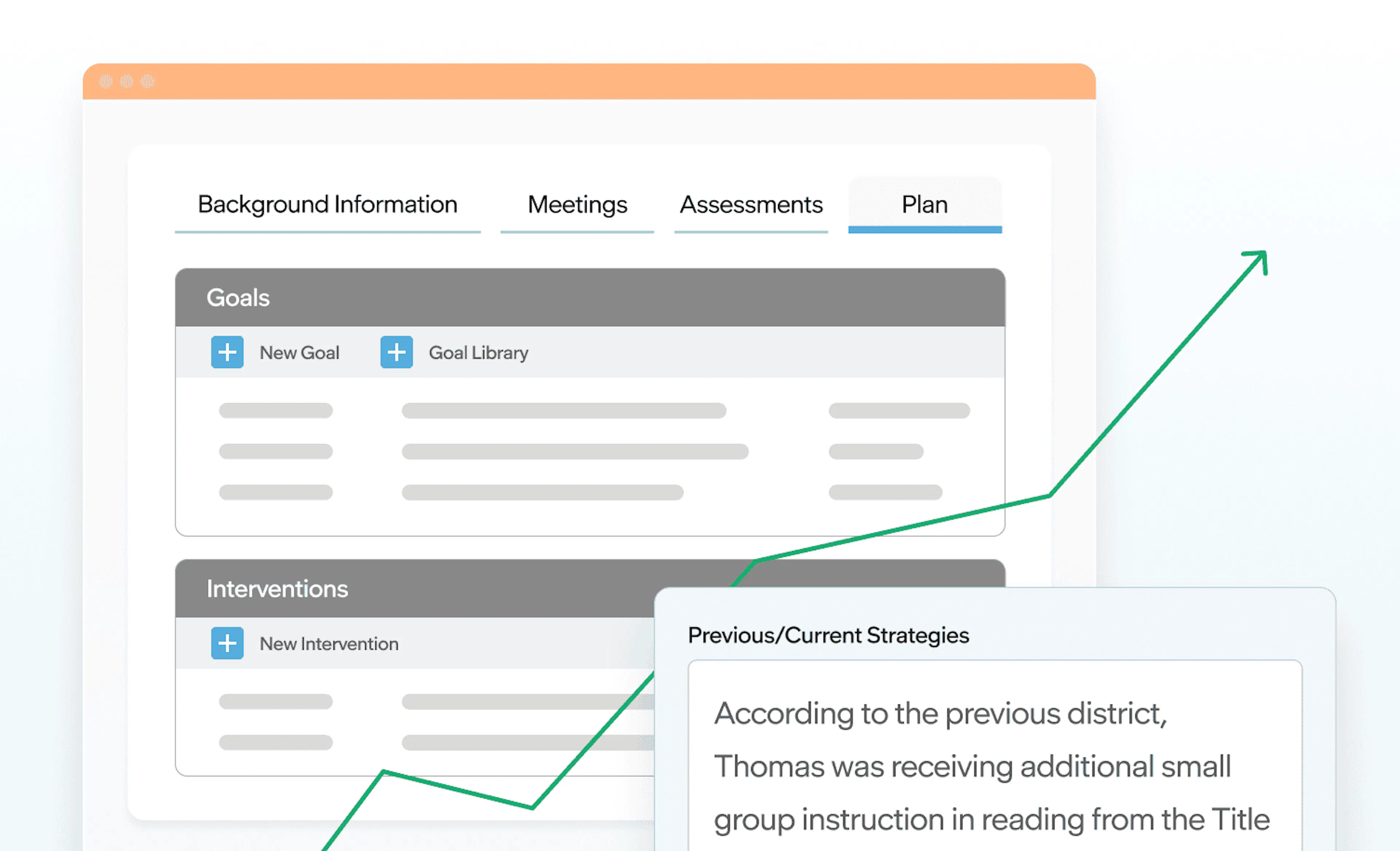 MTSS plan interface showing goals, interventions, prior strategies, and a progress line indicating student growth.
