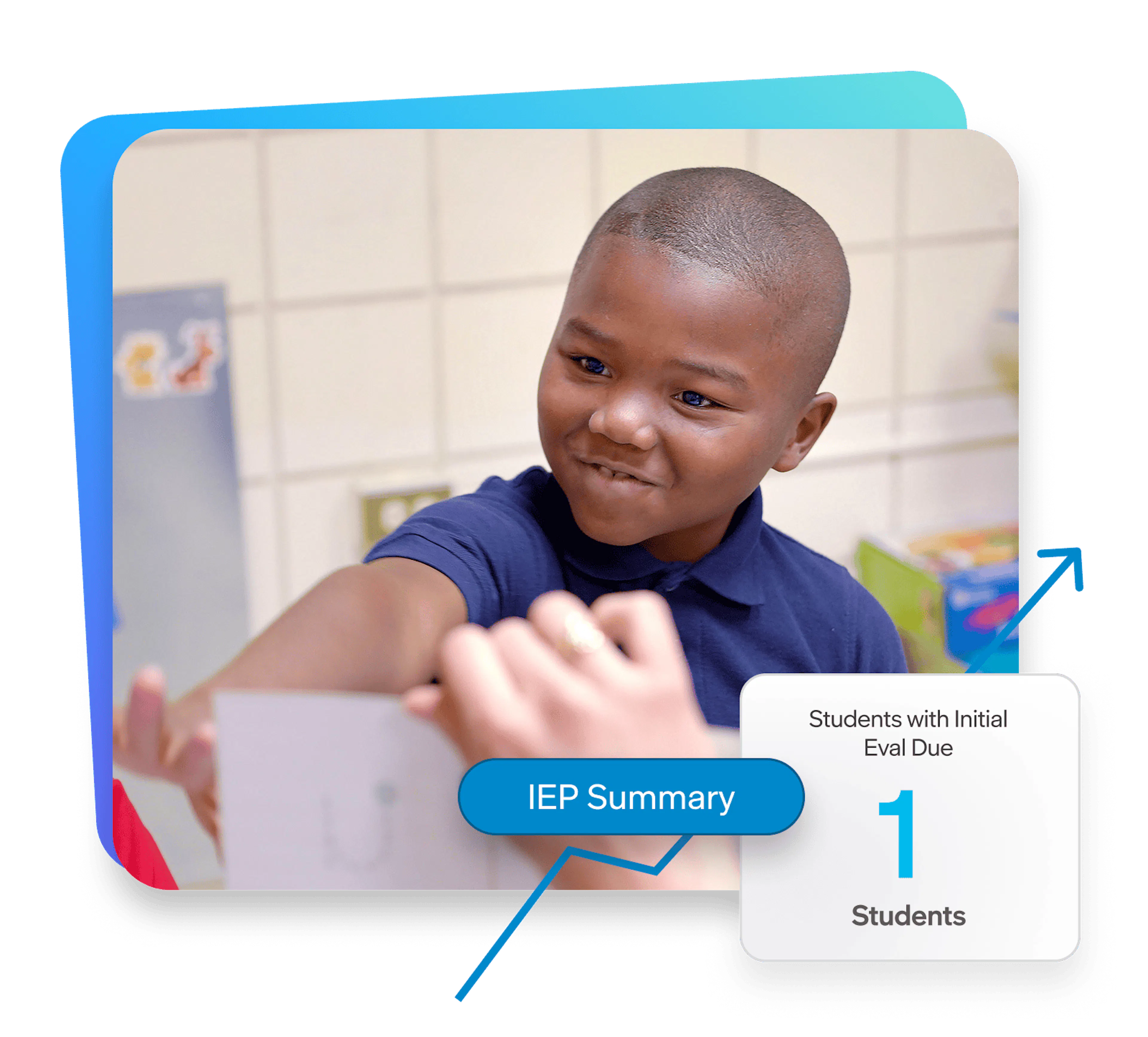 Smiling student in a classroom with an IEP Summary button and a dashboard alert showing one student due for an initial evaluation.