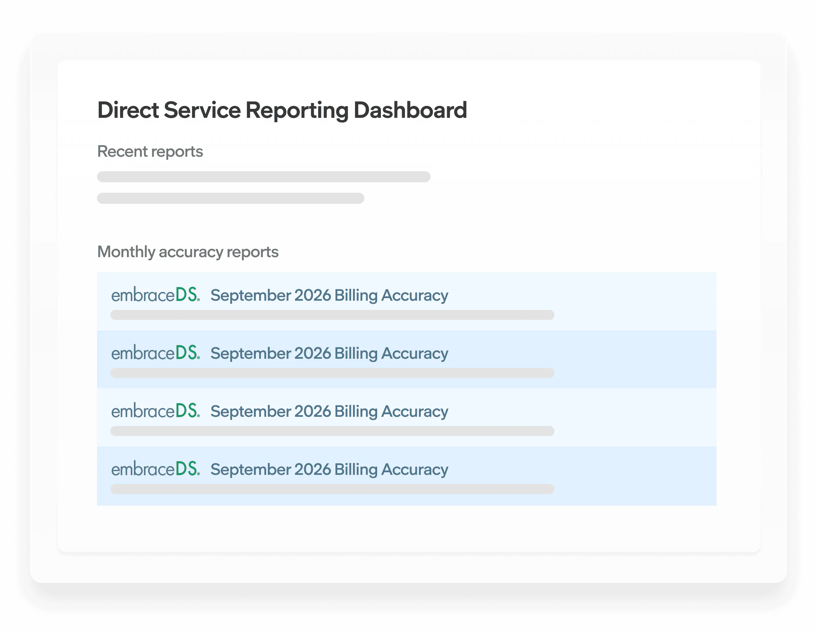 Direct Service Reporting Dashboard displaying recent reports and September 2026 billing accuracy reports for embraceDS.