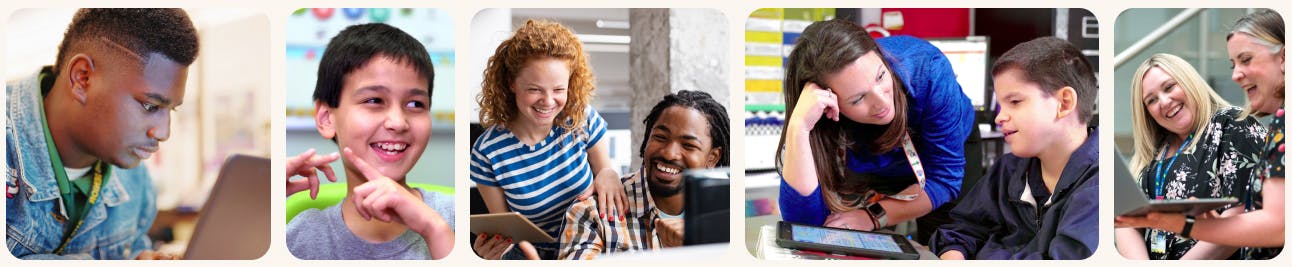 A collage of diverse individuals engaged in learning activities using digital devices in different educational and workplace settings.