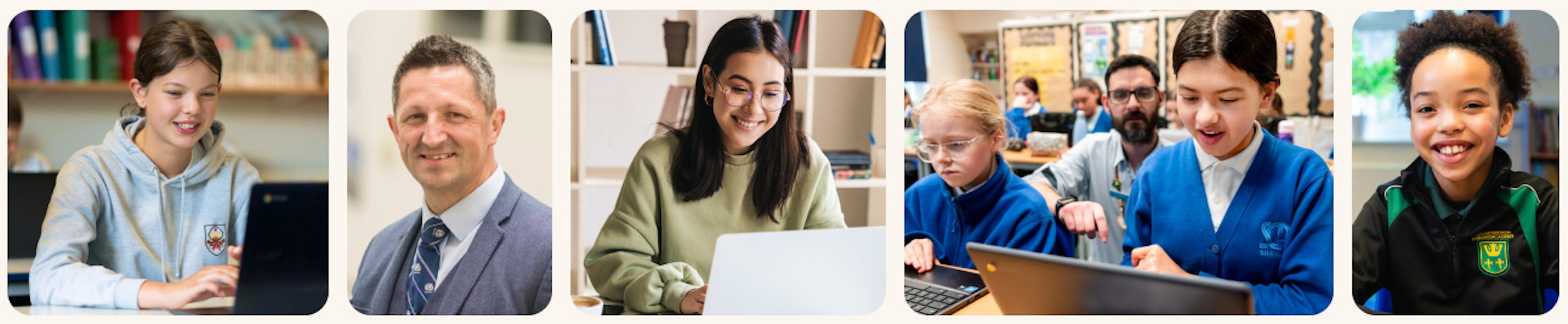 A collage of diverse individuals engaged in learning activities using digital devices in different educational and workplace settings.