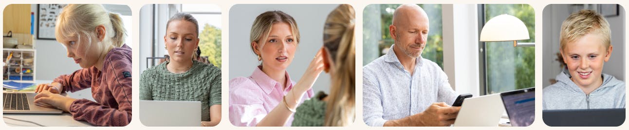 A collage of diverse individuals engaged in learning activities using digital devices in different educational and workplace settings.