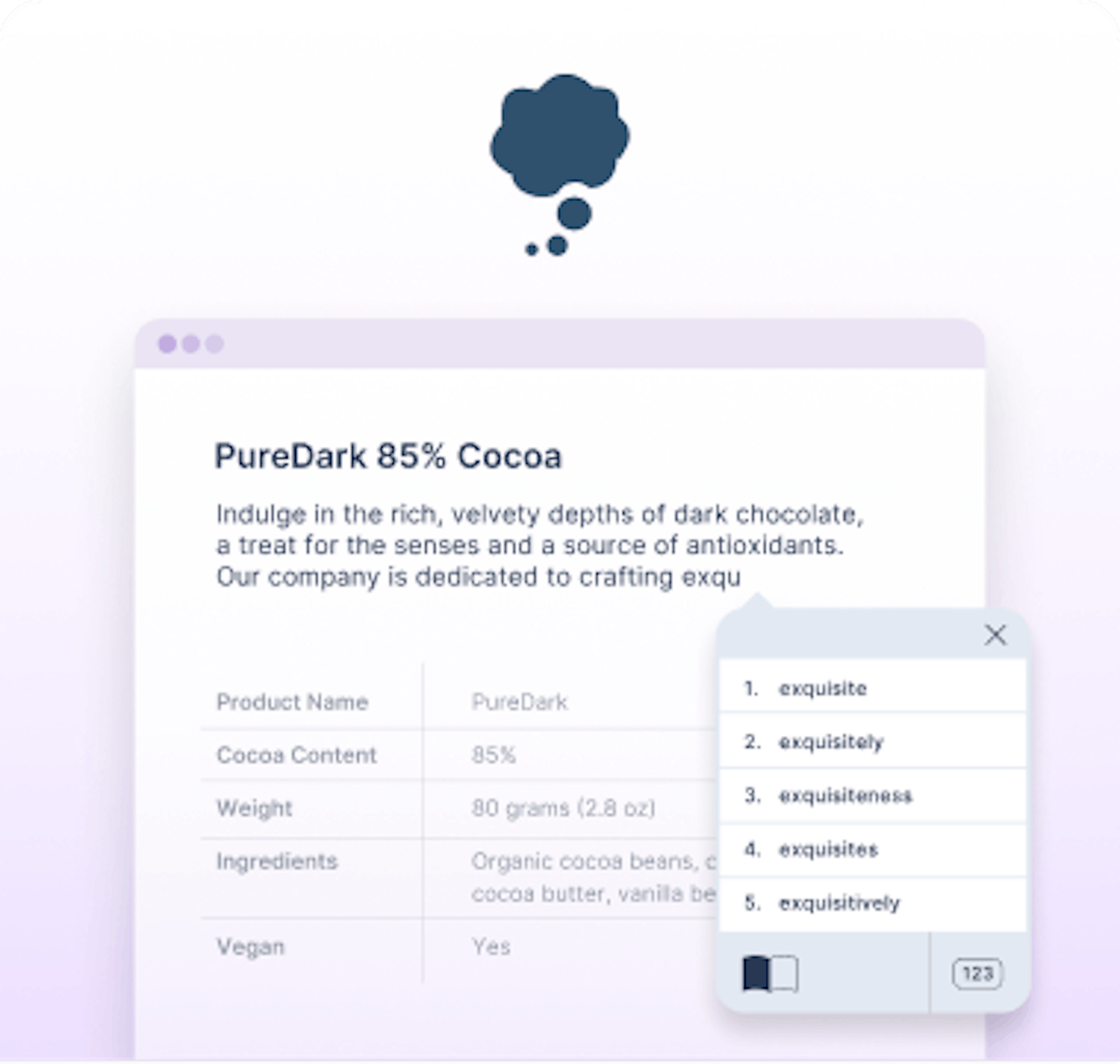 Product UI showing word prediction feature