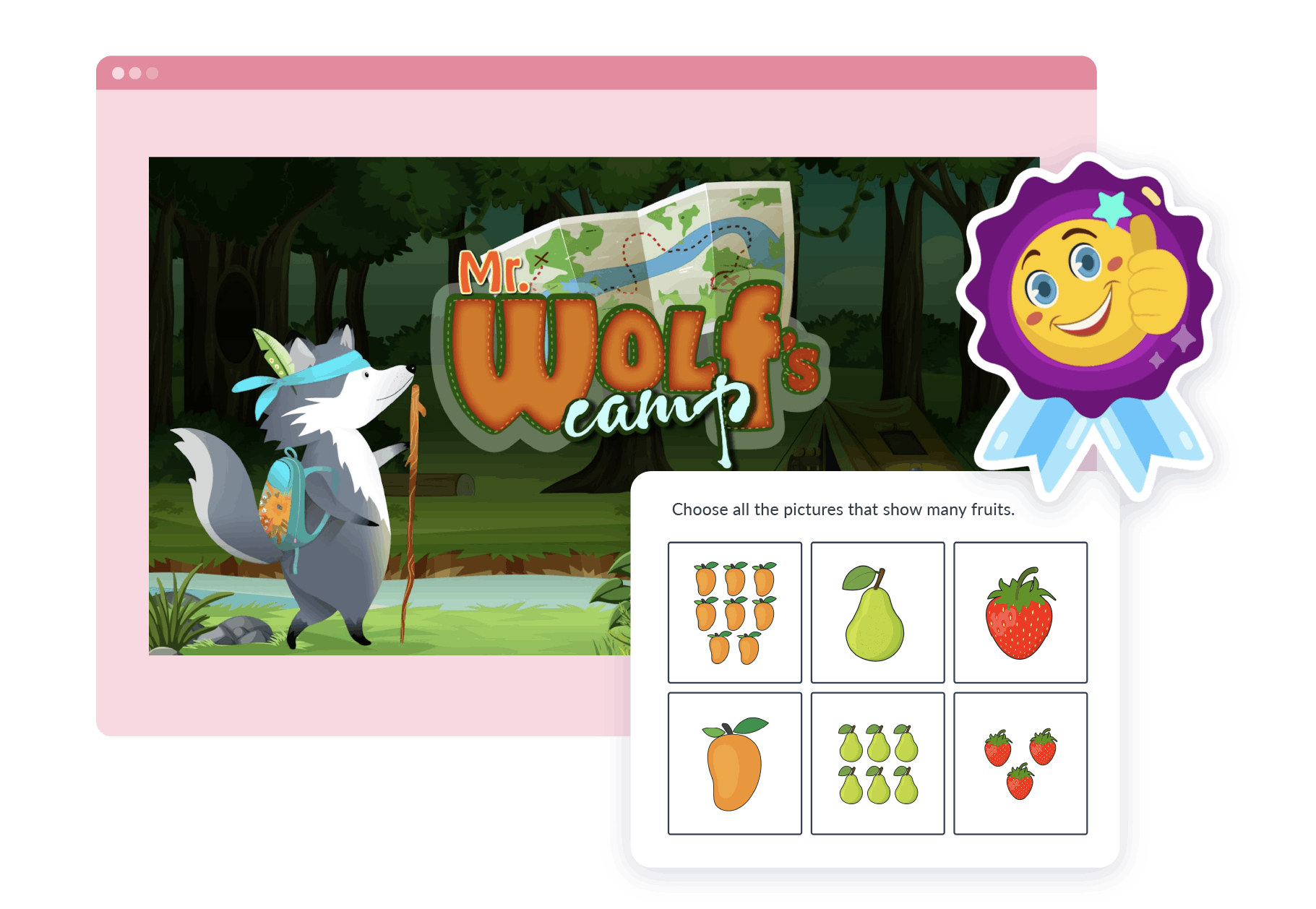 Inspire screen showing a cartoon wolf, a landscape image and icons for building words from letters.