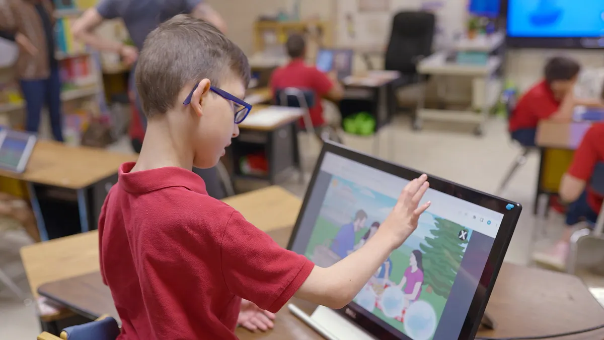 Young student in a classroom using a tablet with an educational game on the screen.