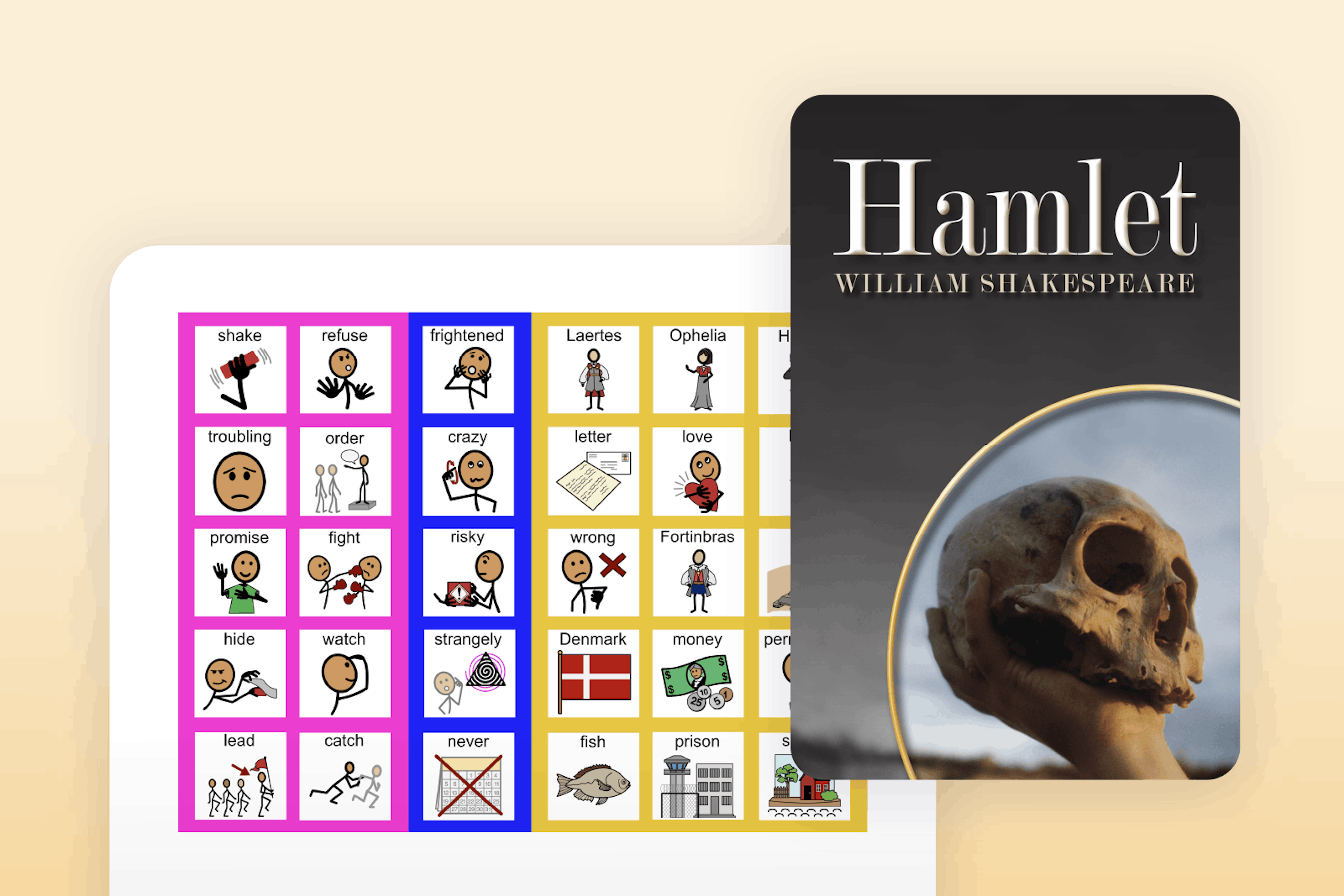 Hamlet book cover and symbol support features