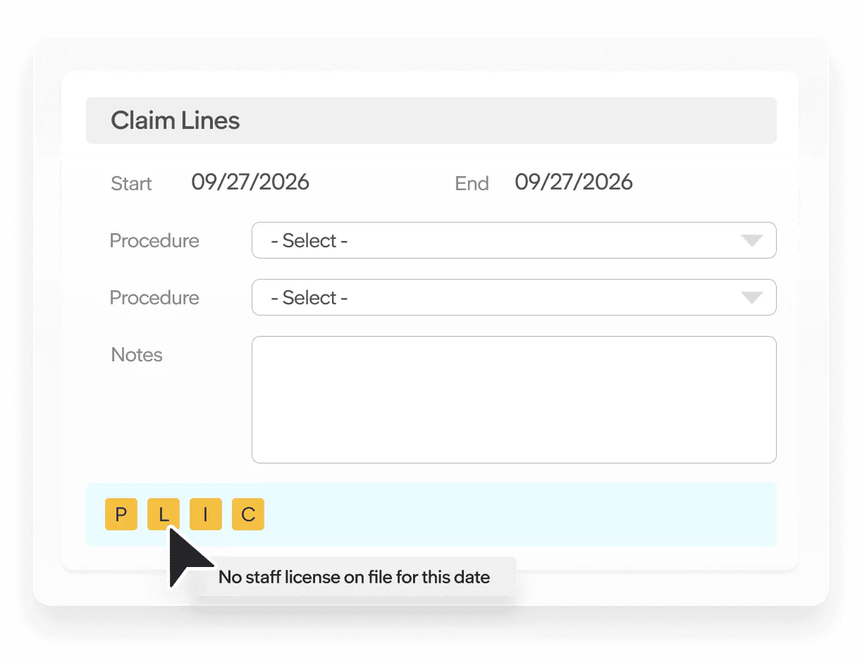 Medicaid claim line form flagging an eligibility error: no staff license is on file for the selected service date.