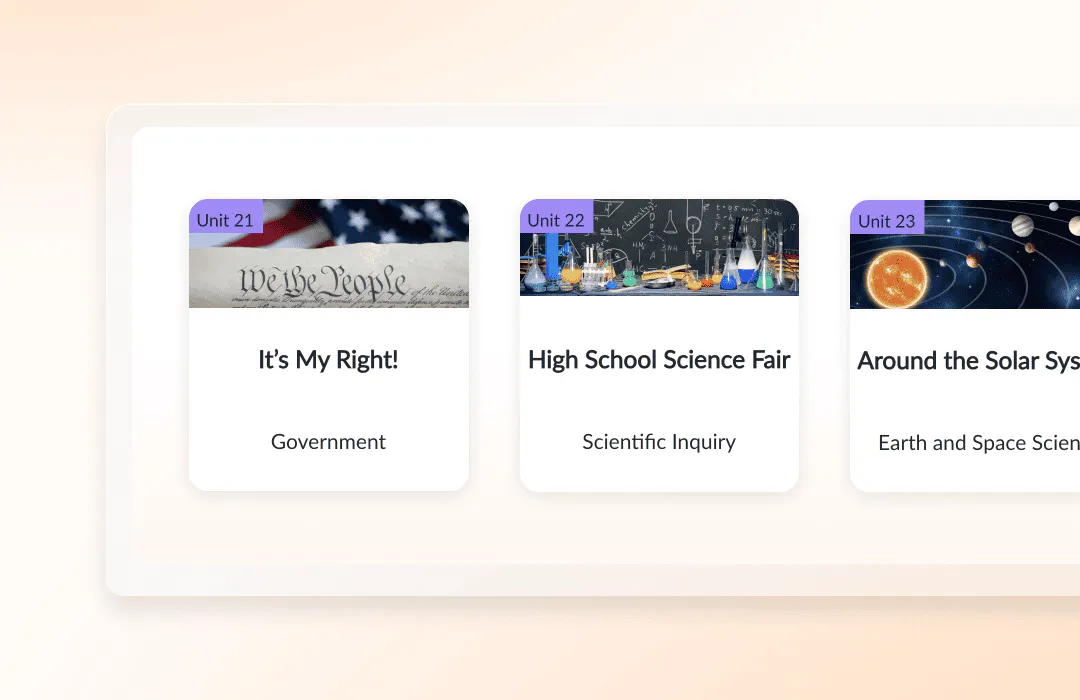 Unit cards for lessons on government, scientific inquiry, and the solar system displayed in a learning platform.