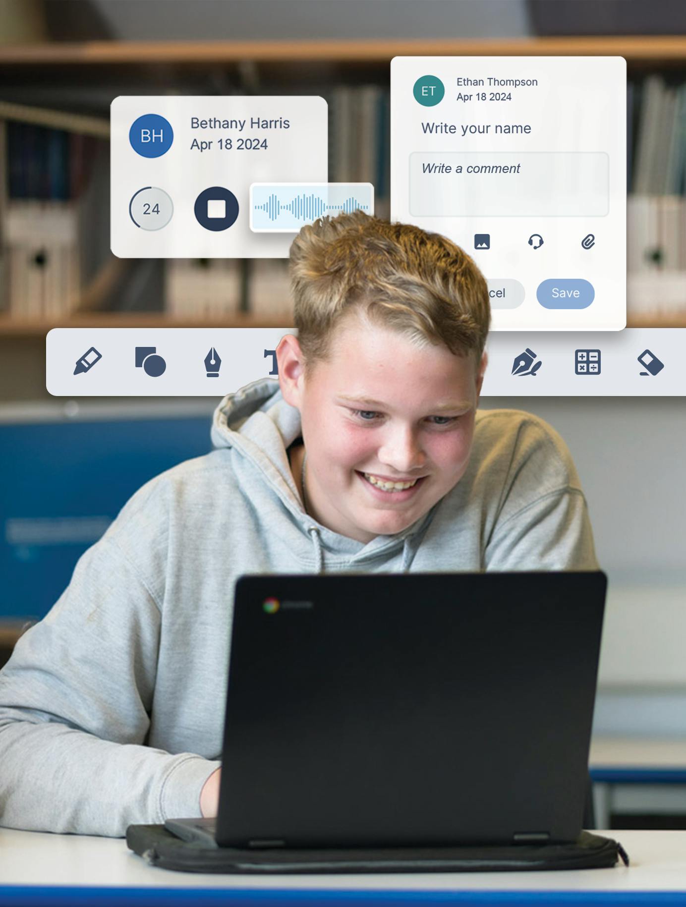 Student working on laptop in a classroom. OrbitNote features floating in the background demonstrating voice notes and annotations.