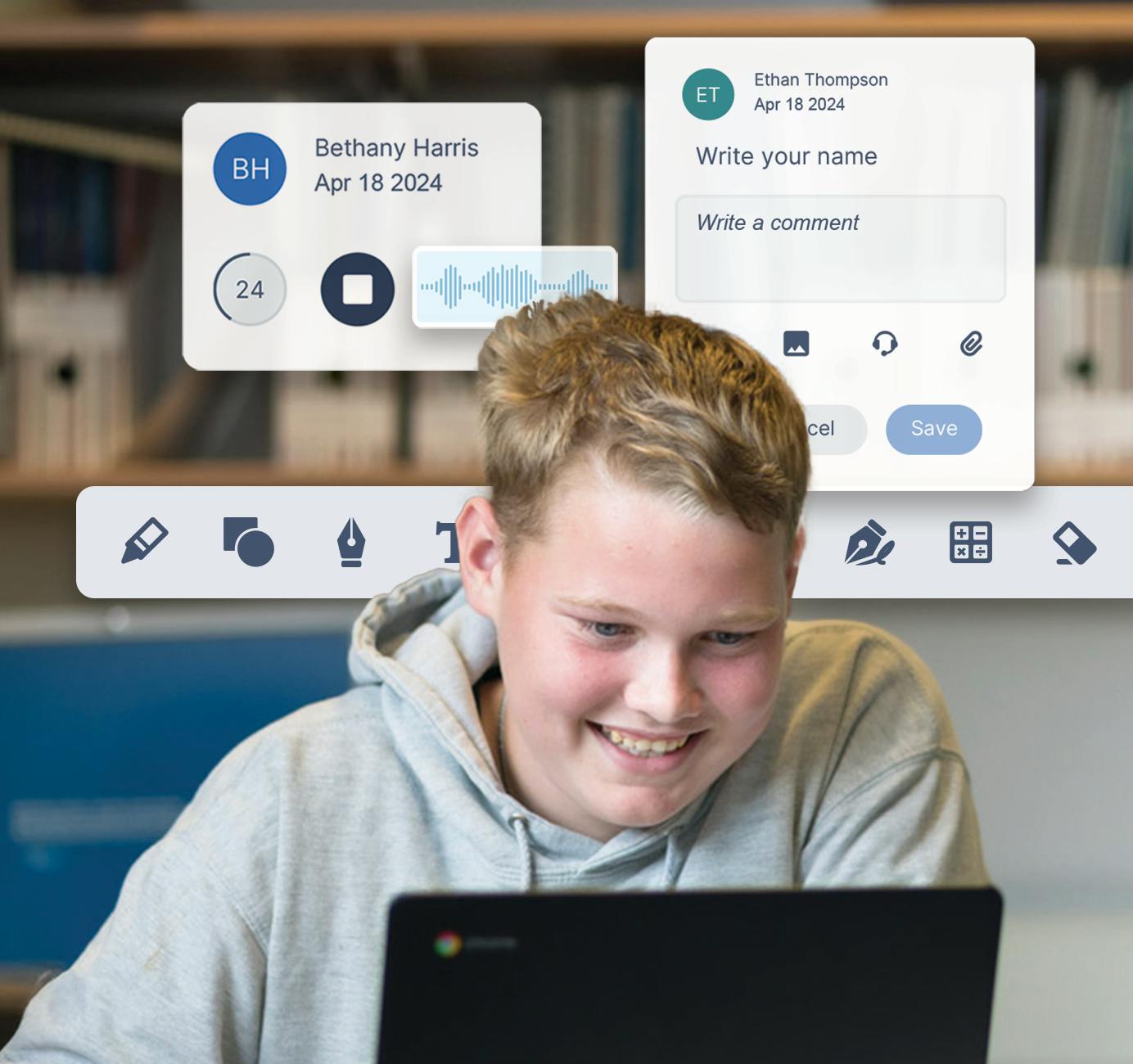 Student using OrbitNote software on a laptop