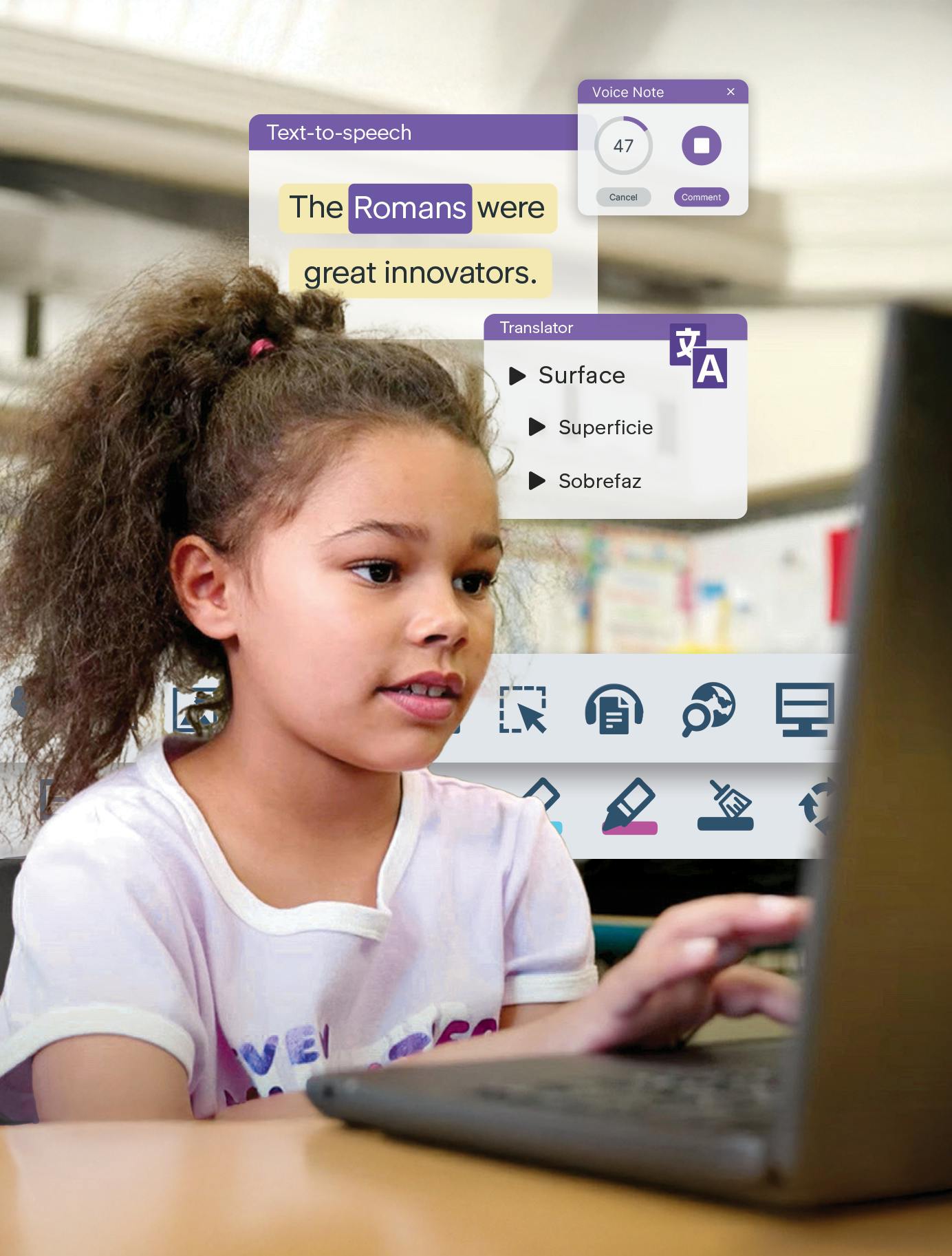 Student working on laptop in a classroom. Read&Write features floating in the background demonstrating text-to-speech, voice note and translation.