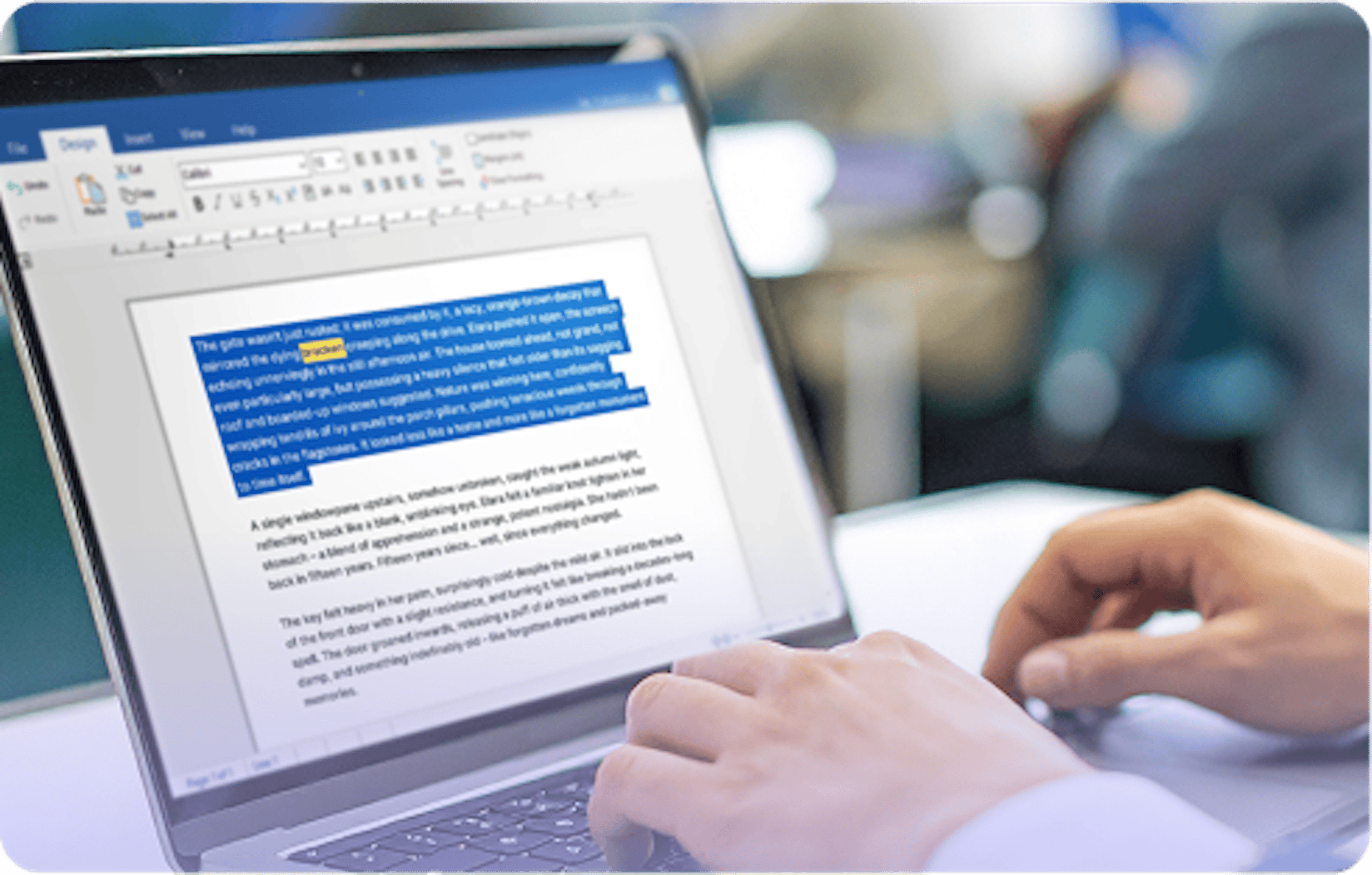 Computer showing text-to-speech highlighting and reading a body of text within a word doc.